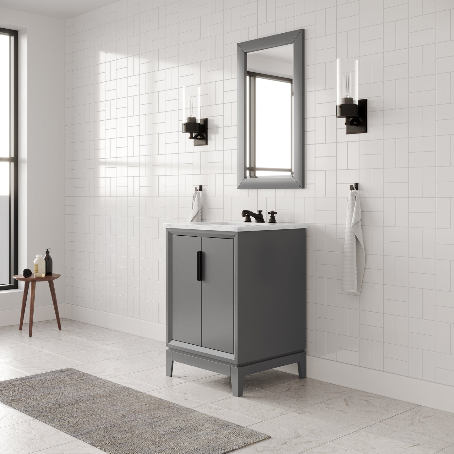 Water Creation EL24CW03CG-R21BX0903 ELIZABETH 24"W x 34.25"H Cashmere Gray Single-Sink Vanity with Carrara White Marble Countertop + Faucets & Mirror (F2-0009-03-BX)