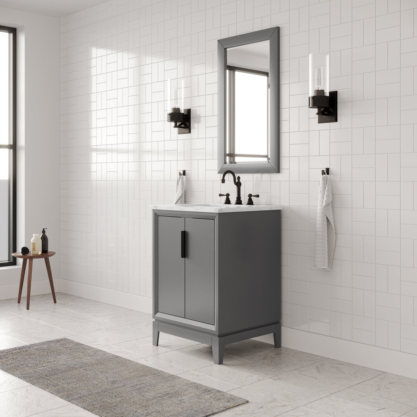Water Creation EL24CW03CG-R21TL1203 ELIZABETH 24"W x 34.25"H Cashmere Gray Single-Sink Vanity with Carrara White Marble Countertop + Faucets & Mirror (F2-0012-03-TL)