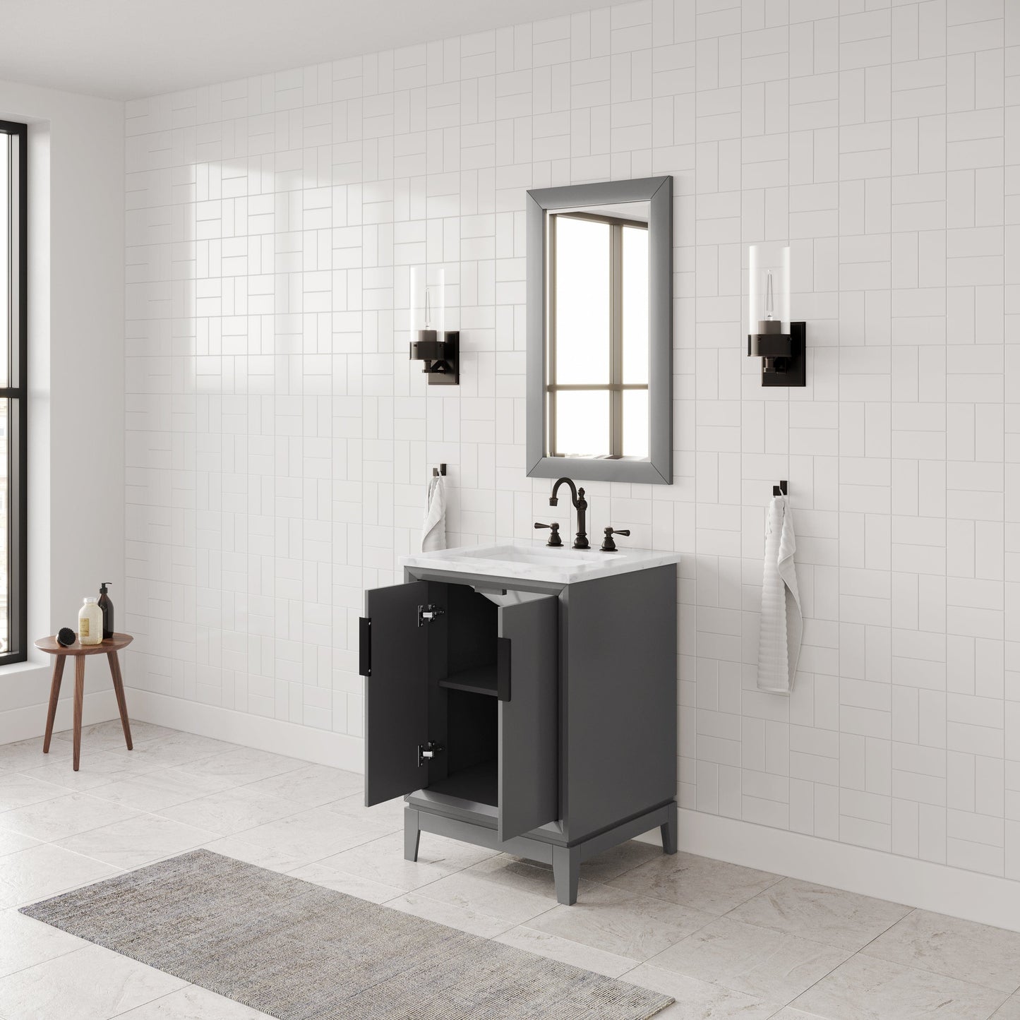 Water Creation EL24CW03CG-R21TL1203 ELIZABETH 24"W x 34.25"H Cashmere Gray Single-Sink Vanity with Carrara White Marble Countertop + Faucets & Mirror (F2-0012-03-TL)