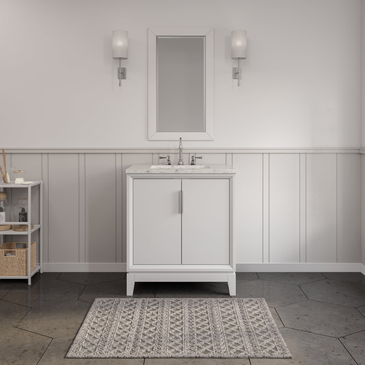 Water Creation EL30CW01PW-R21TL1201 ELIZABETH 30"W x 34.25"H Pure White Single-Sink Vanity with Carrara White Marble Countertop + Faucets & Mirror (F2-0012-01-TL)