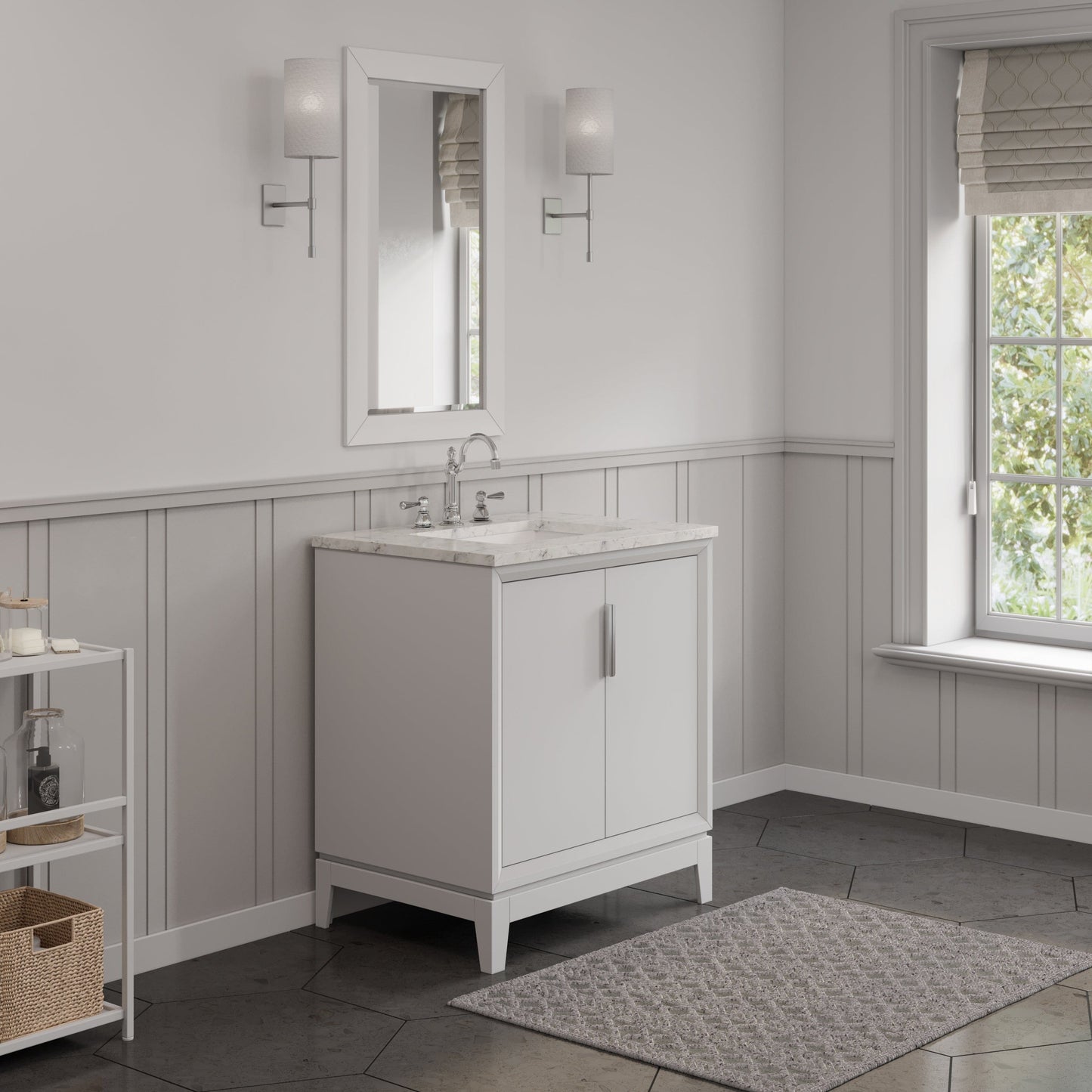 Water Creation EL30CW01PW-R21TL1201 ELIZABETH 30"W x 34.25"H Pure White Single-Sink Vanity with Carrara White Marble Countertop + Faucets & Mirror (F2-0012-01-TL)