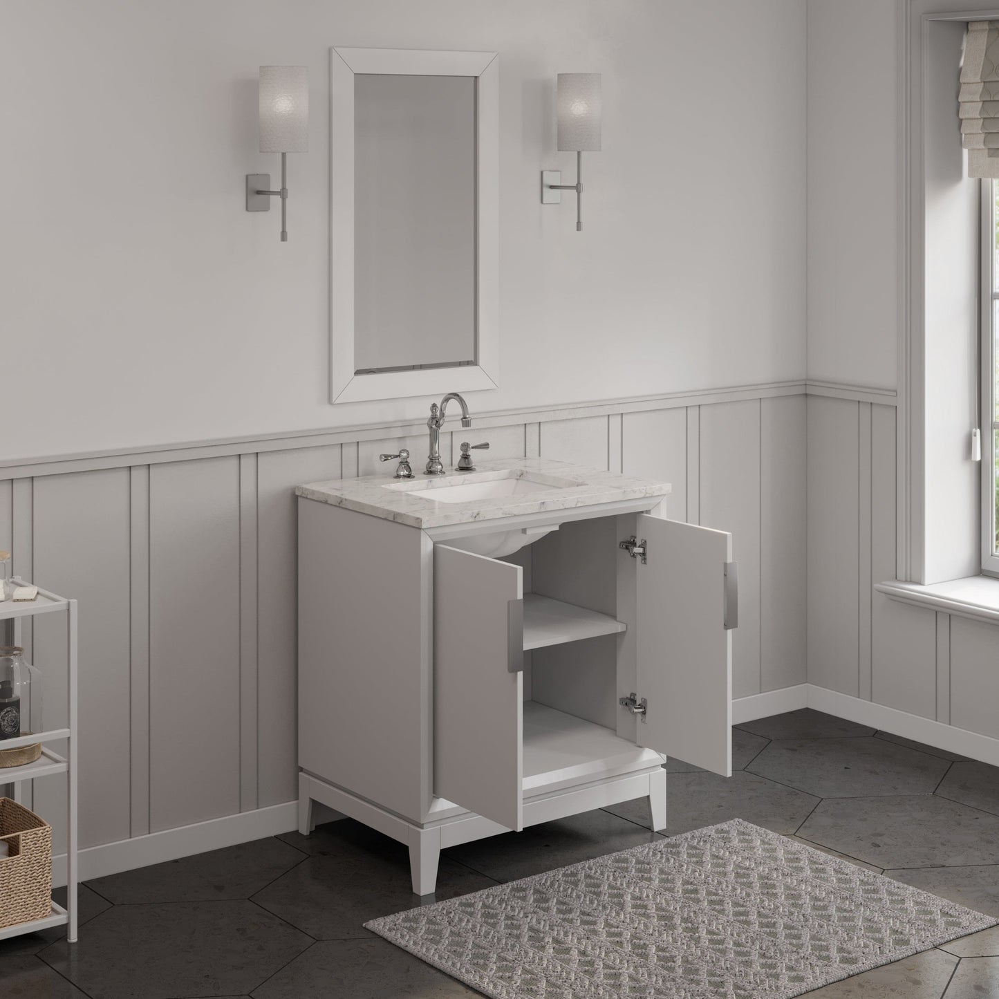 Water Creation EL30CW01PW-R21TL1201 ELIZABETH 30"W x 34.25"H Pure White Single-Sink Vanity with Carrara White Marble Countertop + Faucets & Mirror (F2-0012-01-TL)