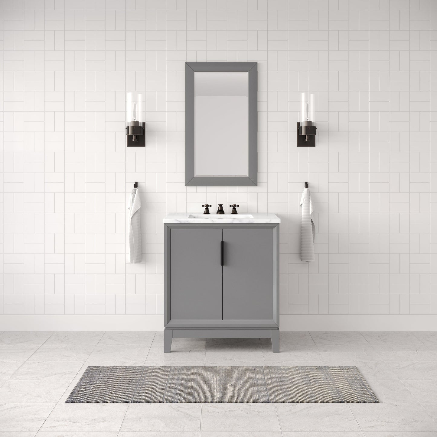 Water Creation EL30CW03CG-000BX0903 ELIZABETH 30"W x 34.25"H Cashmere Gray Single-Sink Vanity with Carrara White Marble Countertop + Faucets (F2-0009-03-BX)