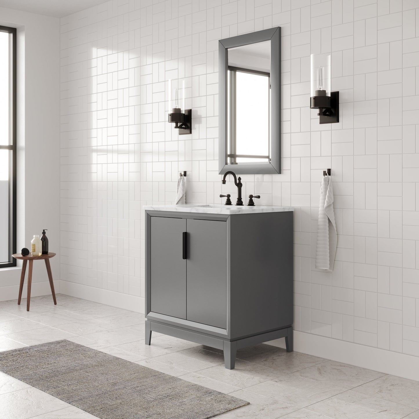 Water Creation EL30CW03CG-R21TL1203 ELIZABETH 30"W x 34.25"H Cashmere Gray Single-Sink Vanity with Carrara White Marble Countertop + Faucets & Mirror (F2-0012-03-TL)