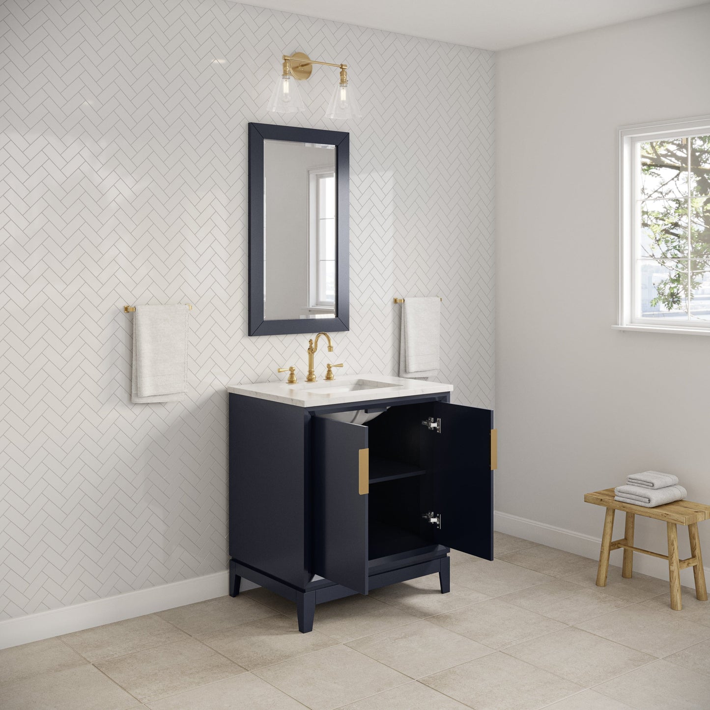 Water Creation EL30CW06MB-000TL1206 ELIZABETH 30"W x 34.25"H Monarch Blue Single-Sink Vanity with Carrara White Marble Countertop + Faucets (F2-0012-06-TL)