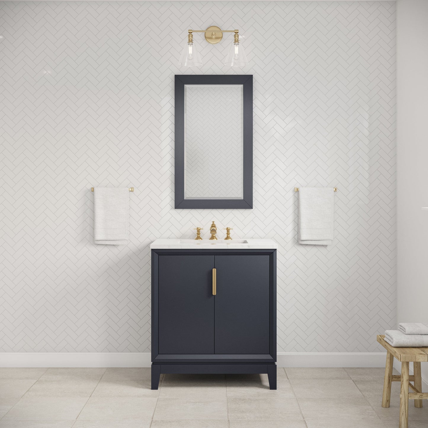 Water Creation EL30CW06MB-R21FX1306 ELIZABETH 30"W x 34.25"H Monarch Blue Single-Sink Vanity with Carrara White Marble Countertop + Faucets & Mirror (F2-0013-06-FX)