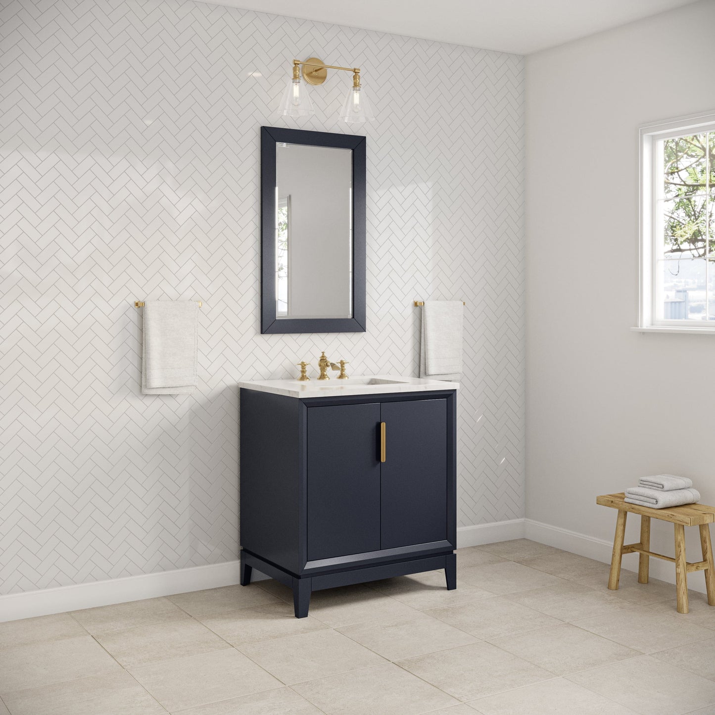 Water Creation EL30CW06MB-R21FX1306 ELIZABETH 30"W x 34.25"H Monarch Blue Single-Sink Vanity with Carrara White Marble Countertop + Faucets & Mirror (F2-0013-06-FX)