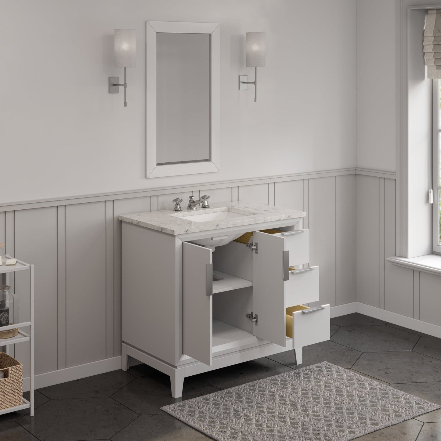 Water Creation EL36CW01PW-000BX0901 ELIZABETH 36"W x 34.25"H Pure White Single-Sink Vanity with Carrara White Marble Countertop + Faucets (F2-0009-01-BX)