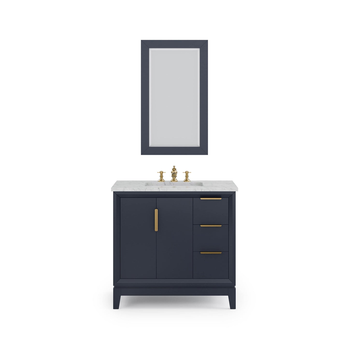 Water Creation EL36CW06MB-R21FX1306 ELIZABETH 36"W x 34.25"H Monarch Blue Single-Sink Vanity with Carrara White Marble Countertop + Faucets & Mirror (F2-0013-06-FX)