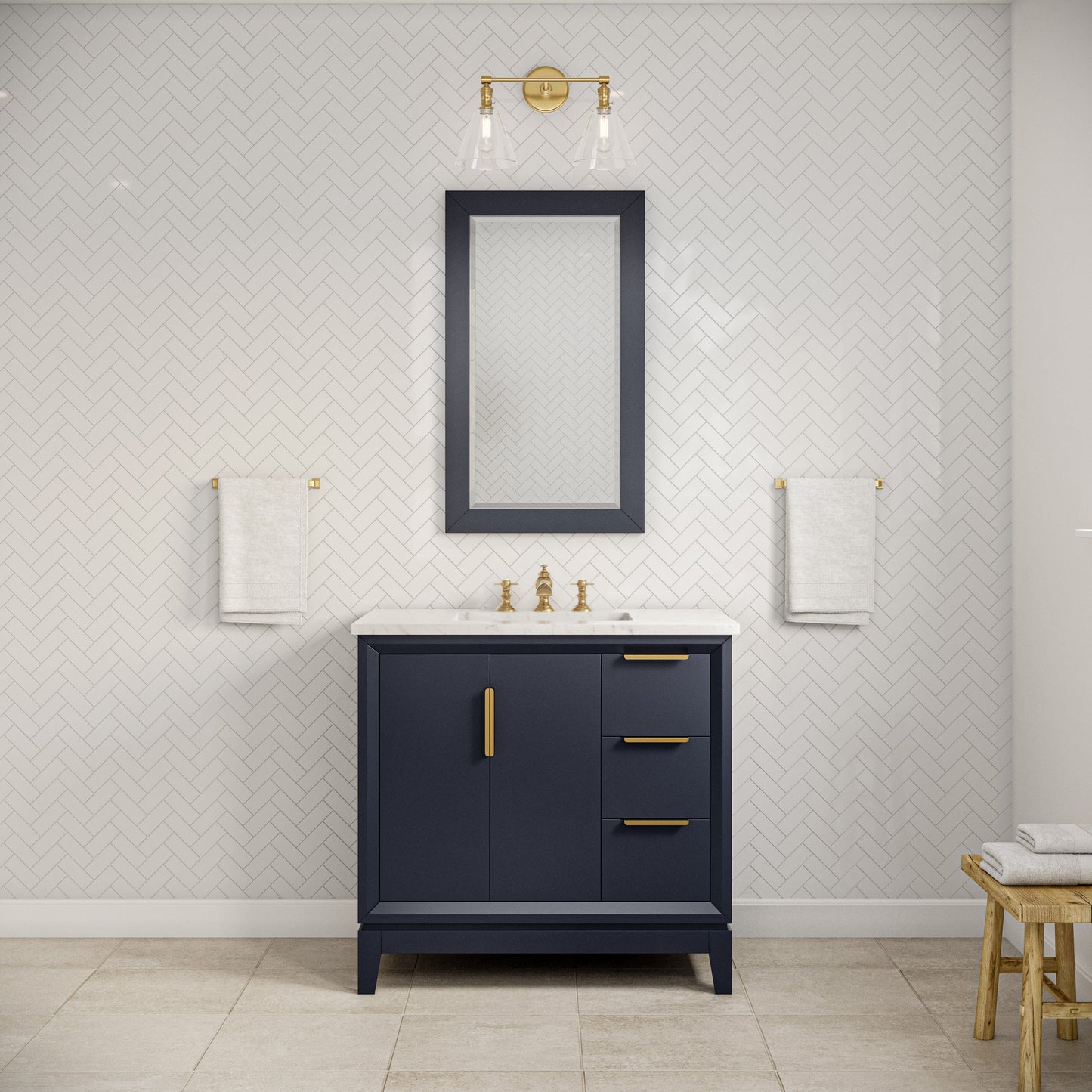 Water Creation EL36CW06MB-R21FX1306 ELIZABETH 36"W x 34.25"H Monarch Blue Single-Sink Vanity with Carrara White Marble Countertop + Faucets & Mirror (F2-0013-06-FX)