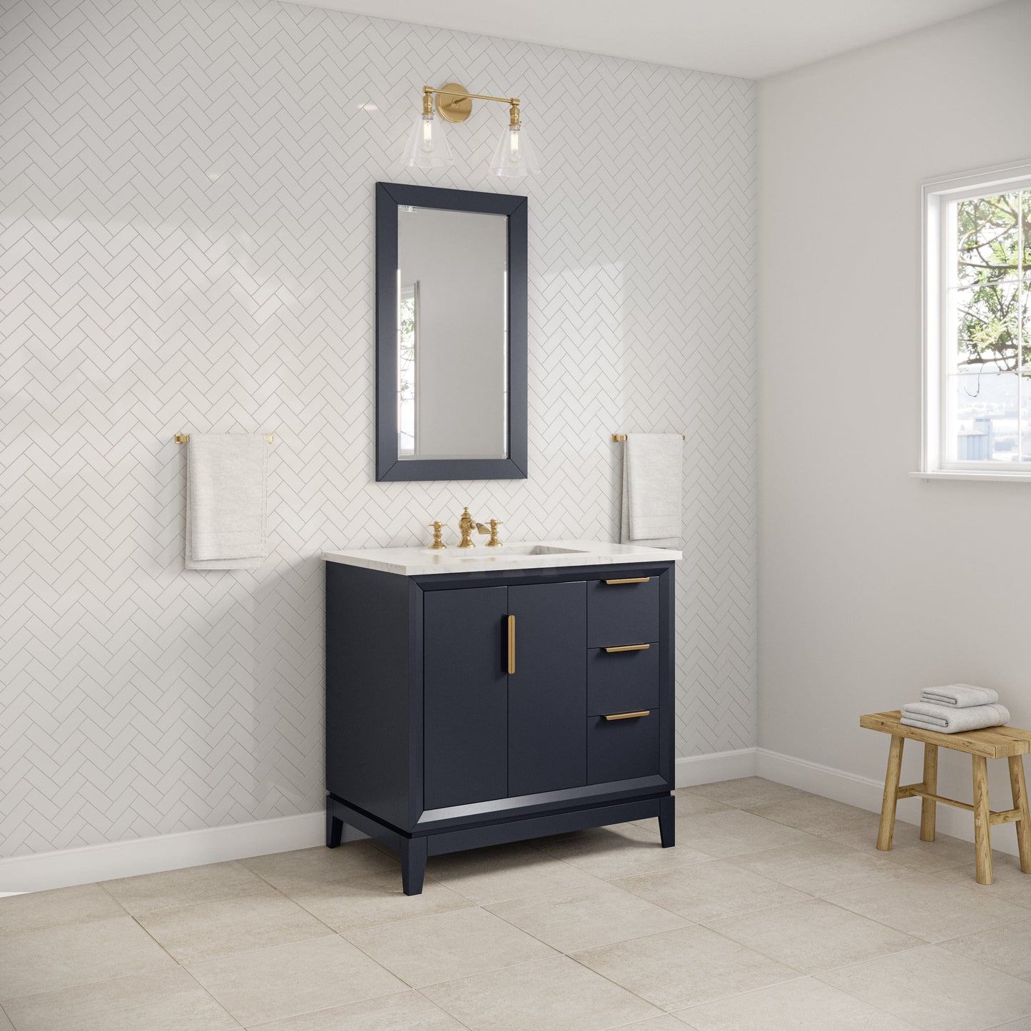 Water Creation EL36CW06MB-R21FX1306 ELIZABETH 36"W x 34.25"H Monarch Blue Single-Sink Vanity with Carrara White Marble Countertop + Faucets & Mirror (F2-0013-06-FX)
