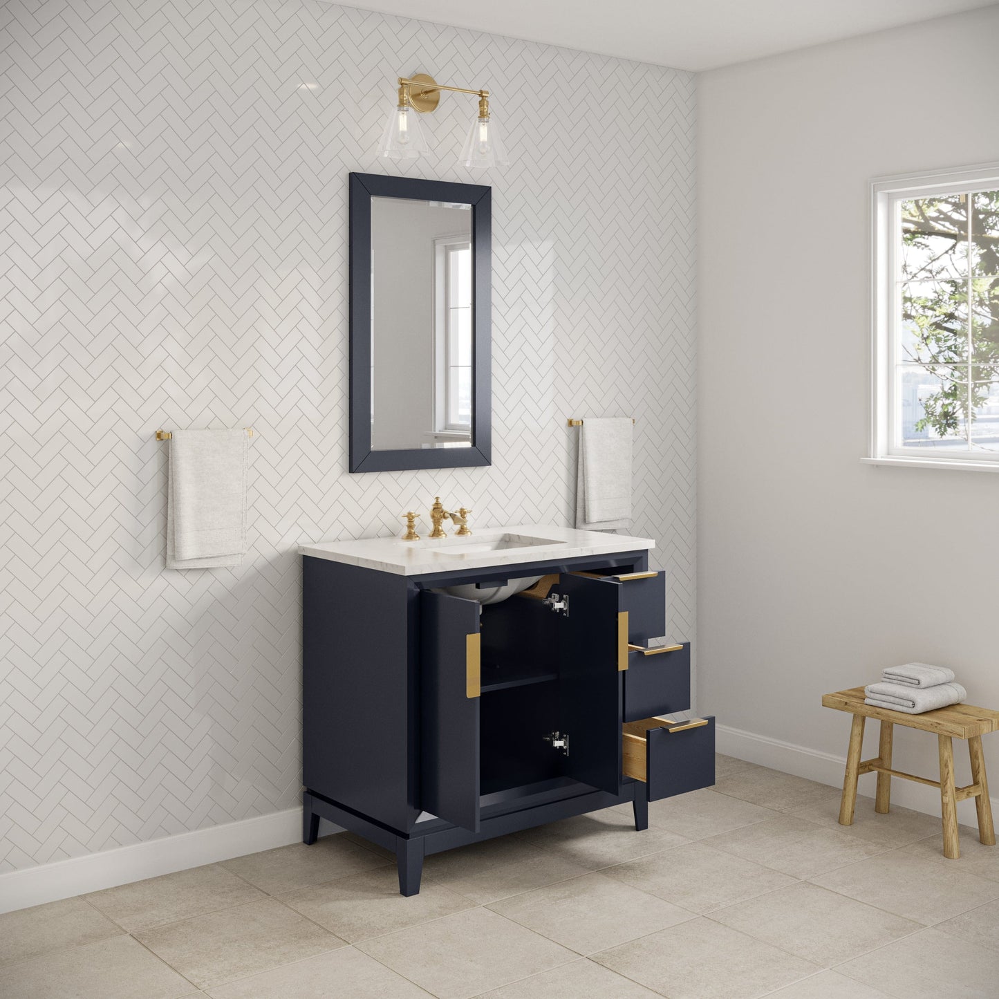 Water Creation EL36CW06MB-R21FX1306 ELIZABETH 36"W x 34.25"H Monarch Blue Single-Sink Vanity with Carrara White Marble Countertop + Faucets & Mirror (F2-0013-06-FX)
