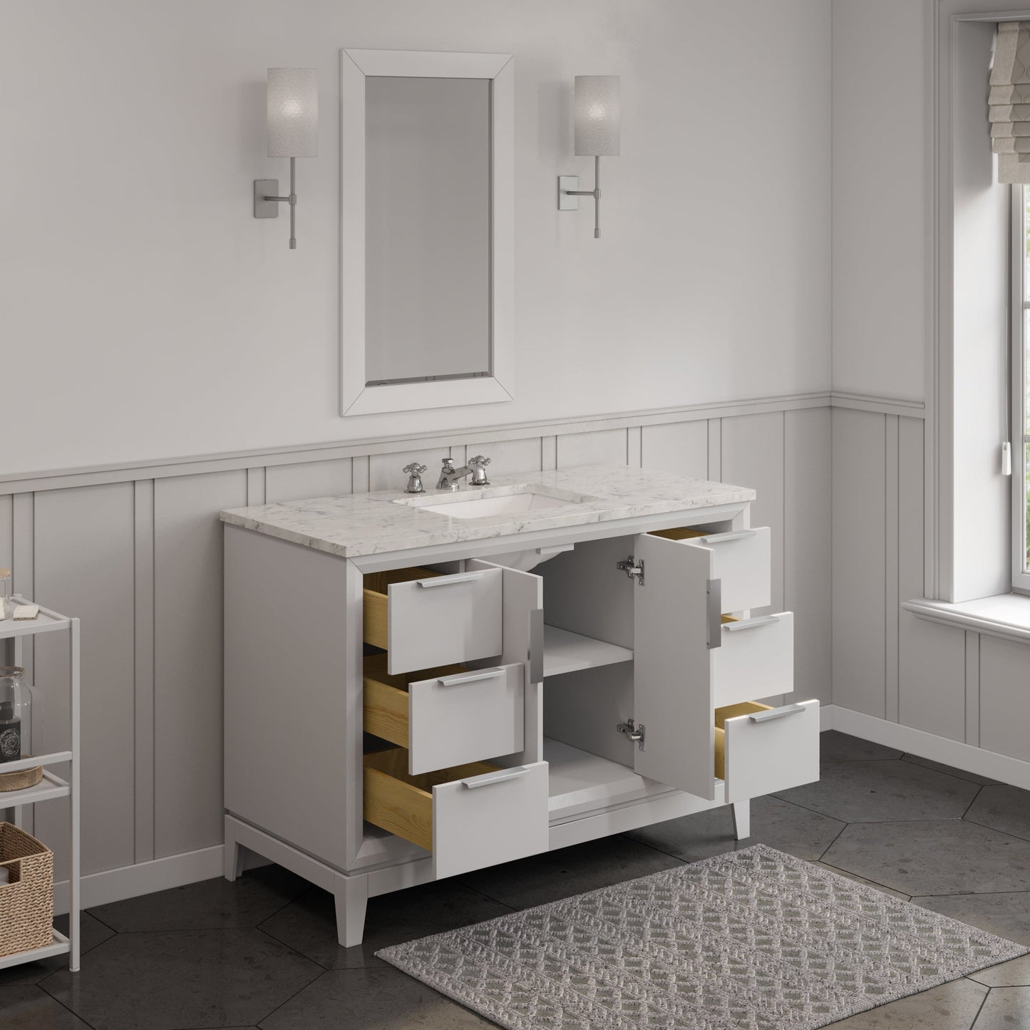 Water Creation EL48CW01PW-R21BX0901 ELIZABETH 48"W x 34.25"H Pure White Single-Sink Vanity with Carrara White Marble Countertop + Faucets & Mirror (F2-0009-01-BX)