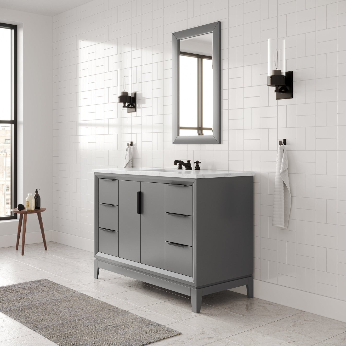 Water Creation EL48CW03CG-R21BX0903 ELIZABETH 48"W x 34.25"H Cashmere Gray Single-Sink Vanity with Carrara White Marble Countertop + Faucets & Mirror (F2-0009-03-BX)