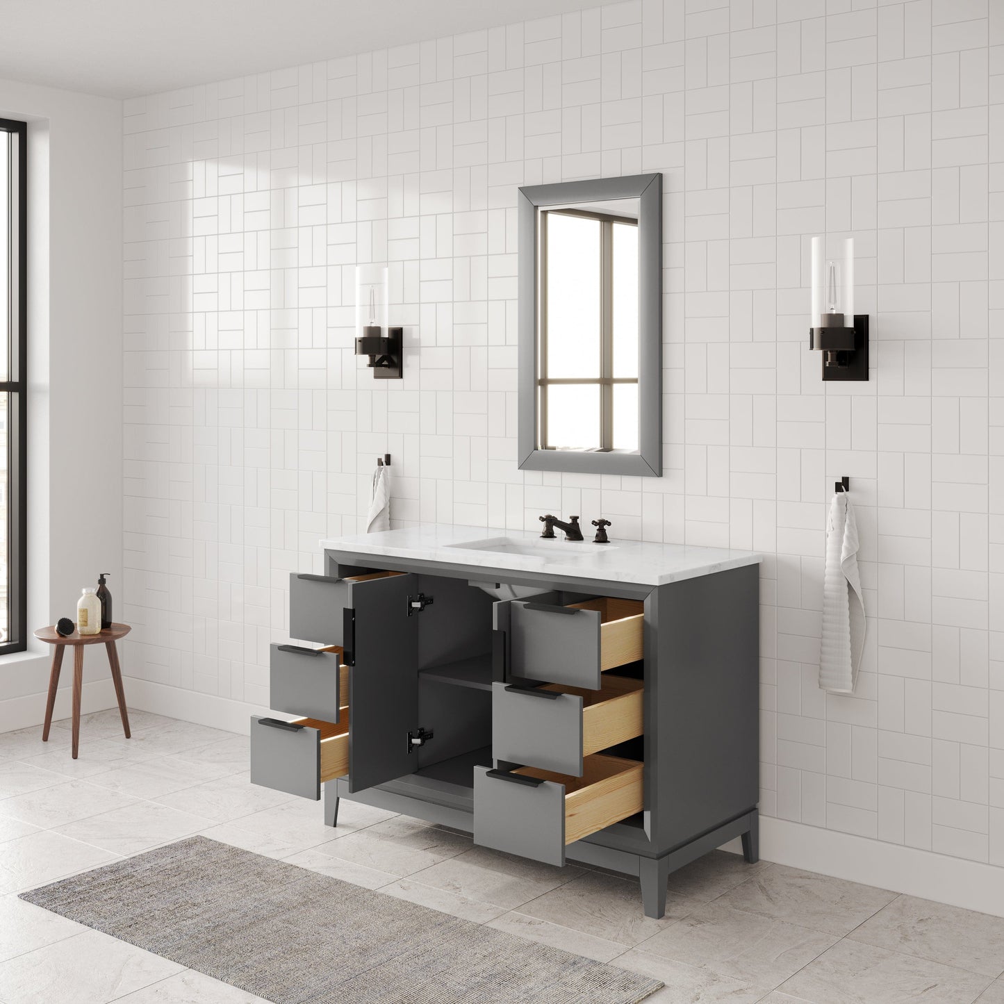 Water Creation EL48CW03CG-R21BX0903 ELIZABETH 48"W x 34.25"H Cashmere Gray Single-Sink Vanity with Carrara White Marble Countertop + Faucets & Mirror (F2-0009-03-BX)