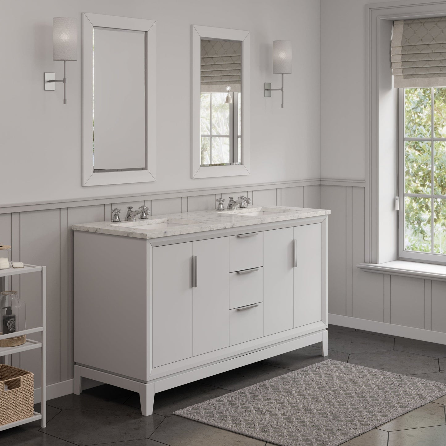 Water Creation EL60CW01PW-R21BX0901 ELIZABETH 60"W x 34.25"H Pure White Double-Sink Vanity with Carrara White Marble Countertop + Faucets & Mirror (F2-0009-01-BX)