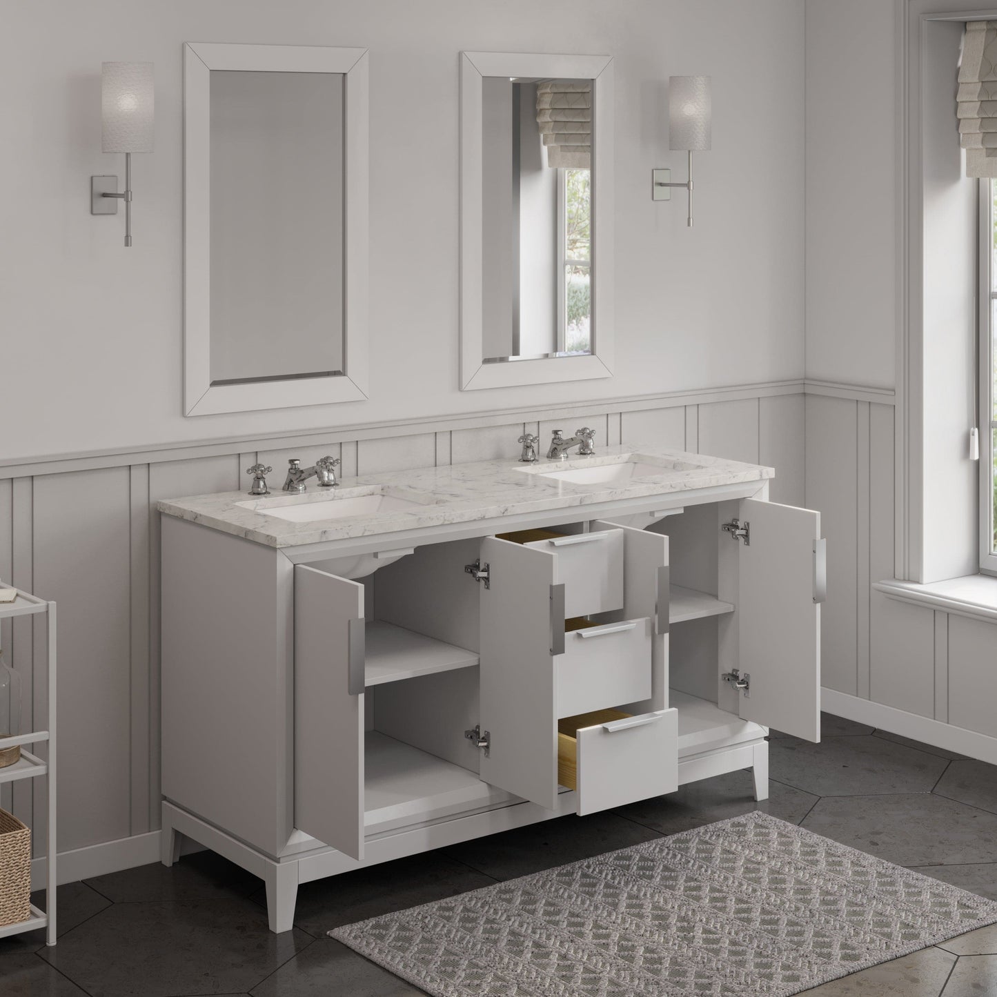 Water Creation EL60CW01PW-R21BX0901 ELIZABETH 60"W x 34.25"H Pure White Double-Sink Vanity with Carrara White Marble Countertop + Faucets & Mirror (F2-0009-01-BX)