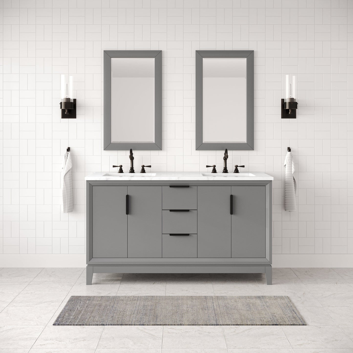 Water Creation EL60CW03CG-000TL1203 ELIZABETH 60"W x 34.25"H Cashmere Gray Double-Sink Vanity with Carrara White Marble Countertop + Faucets (F2-0012-03-TL)