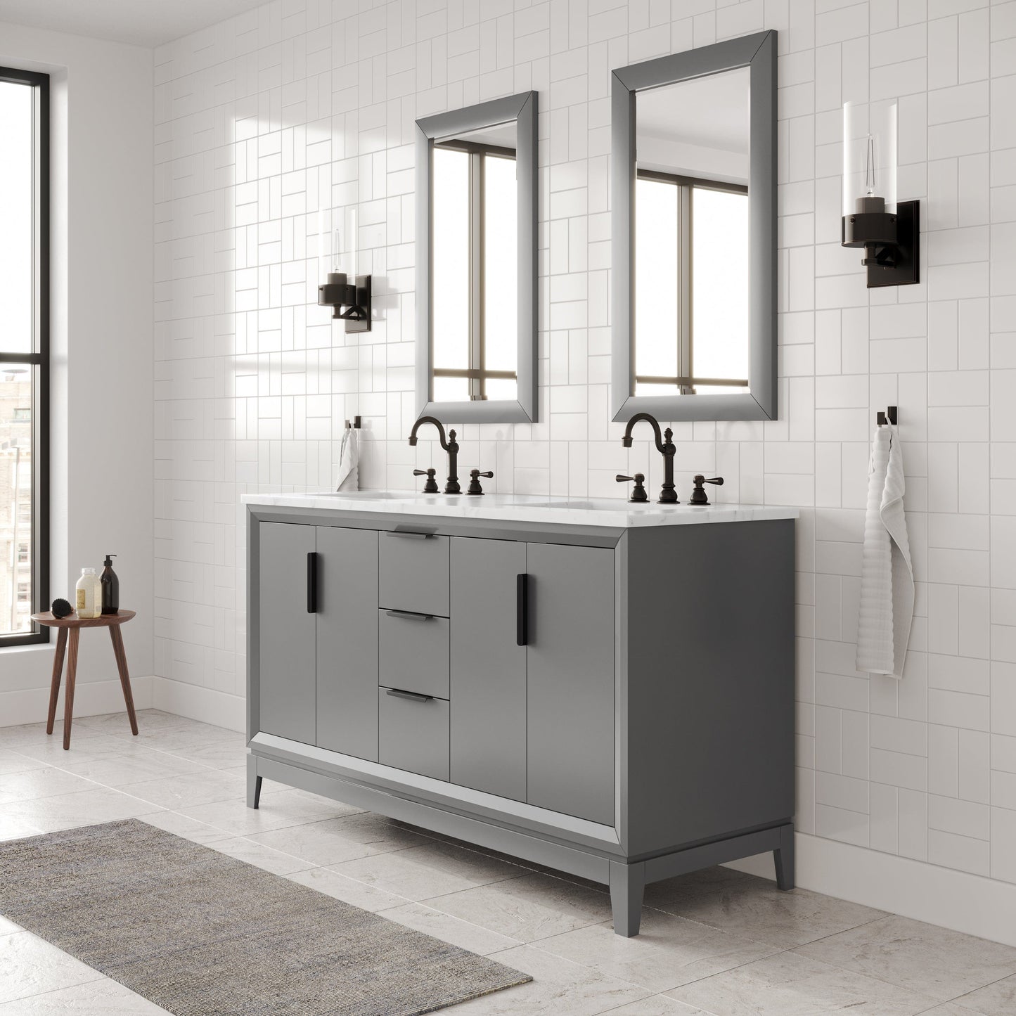 Water Creation EL60CW03CG-R21000000 ELIZABETH 60"W x 34.25"H Cashmere Gray Double-Sink Vanity with Carrara White Marble Countertop + Mirror