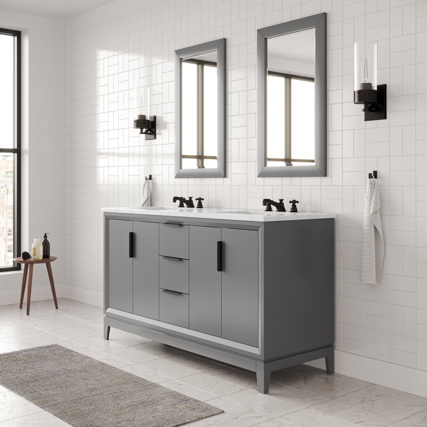 Water Creation EL60CW03CG-R21BX0903 ELIZABETH 60"W x 34.25"H Cashmere Gray Double-Sink Vanity with Carrara White Marble Countertop + Faucets & Mirror (F2-0009-03-BX)
