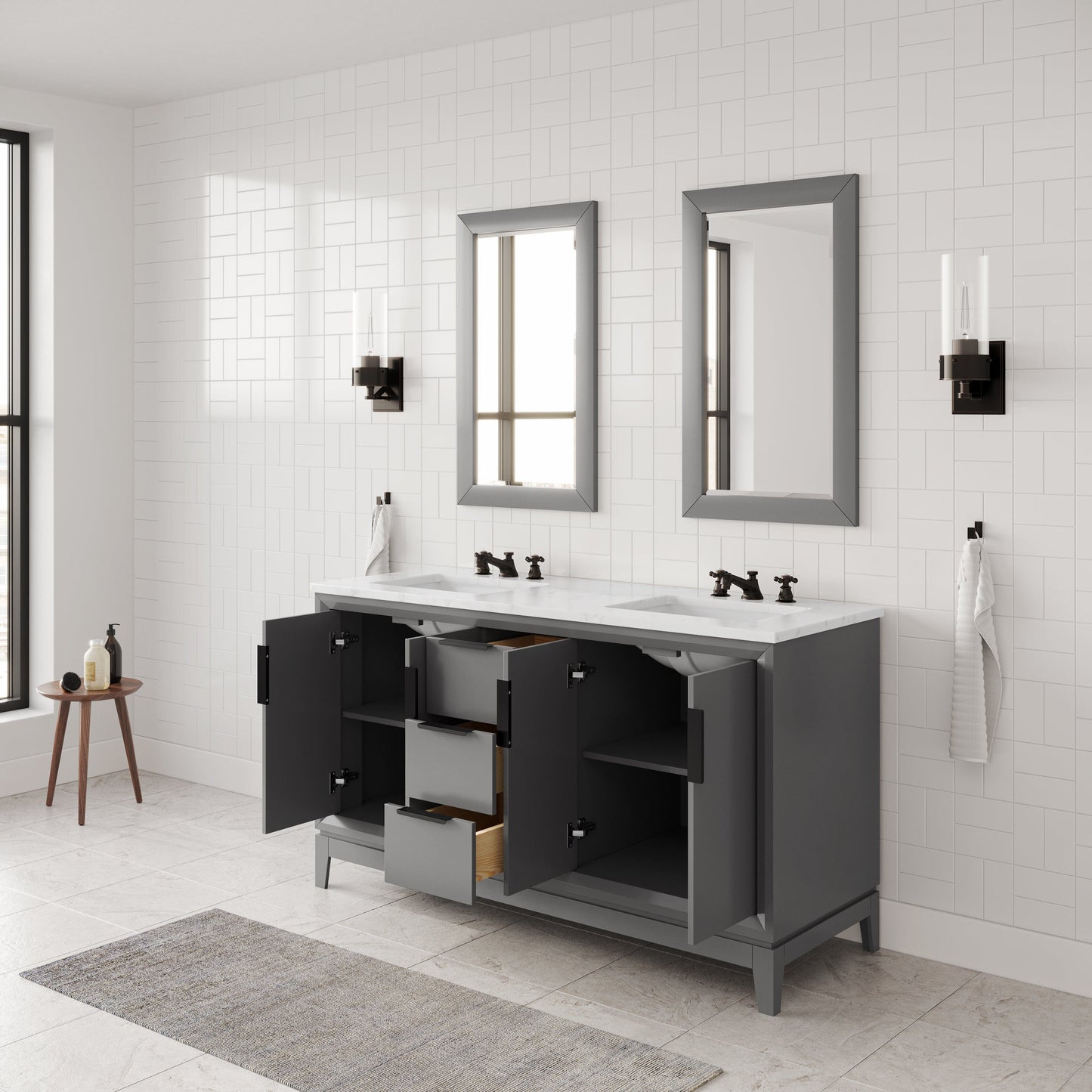 Water Creation EL60CW03CG-R21BX0903 ELIZABETH 60"W x 34.25"H Cashmere Gray Double-Sink Vanity with Carrara White Marble Countertop + Faucets & Mirror (F2-0009-03-BX)