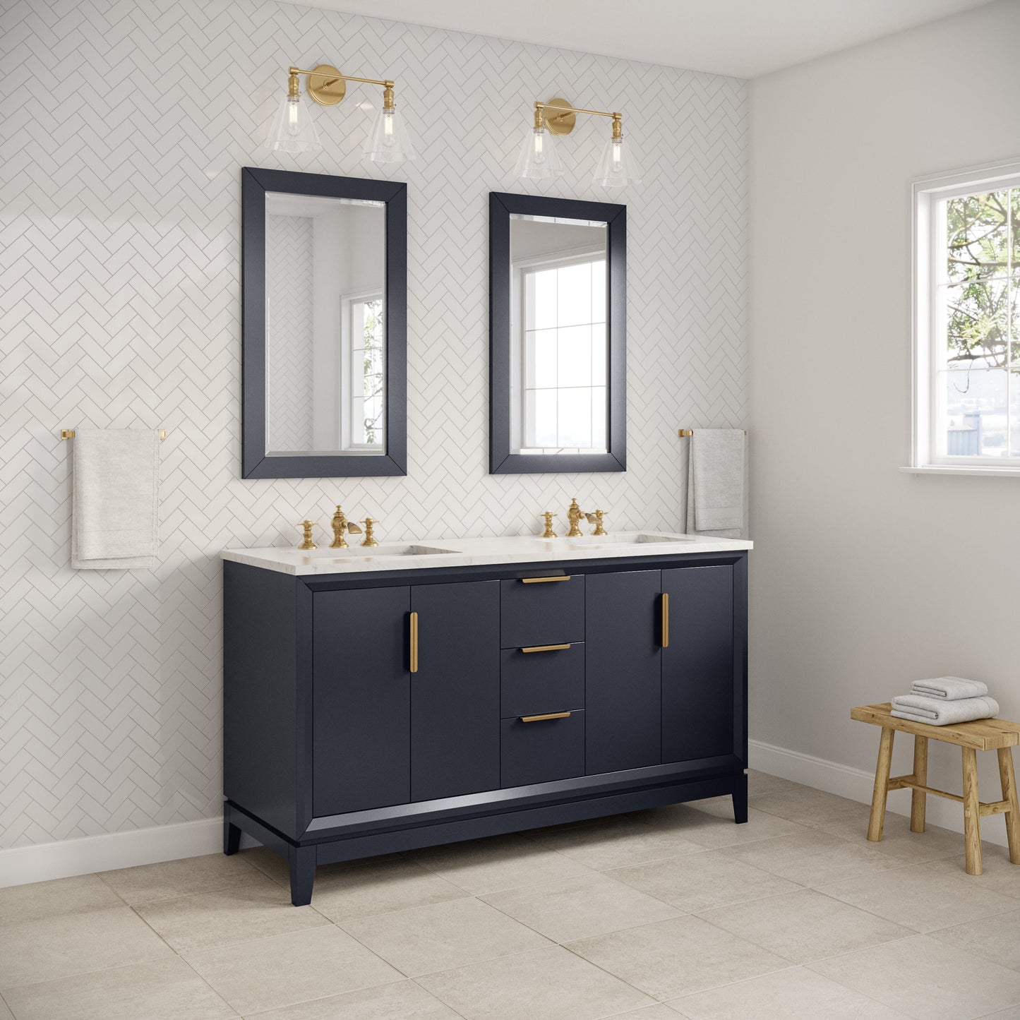 Water Creation EL60CW06MB-000FX1306 ELIZABETH 60"W x 34.25"H Monarch Blue Double-Sink Vanity with Carrara White Marble Countertop + Faucets (F2-0013-06-FX)