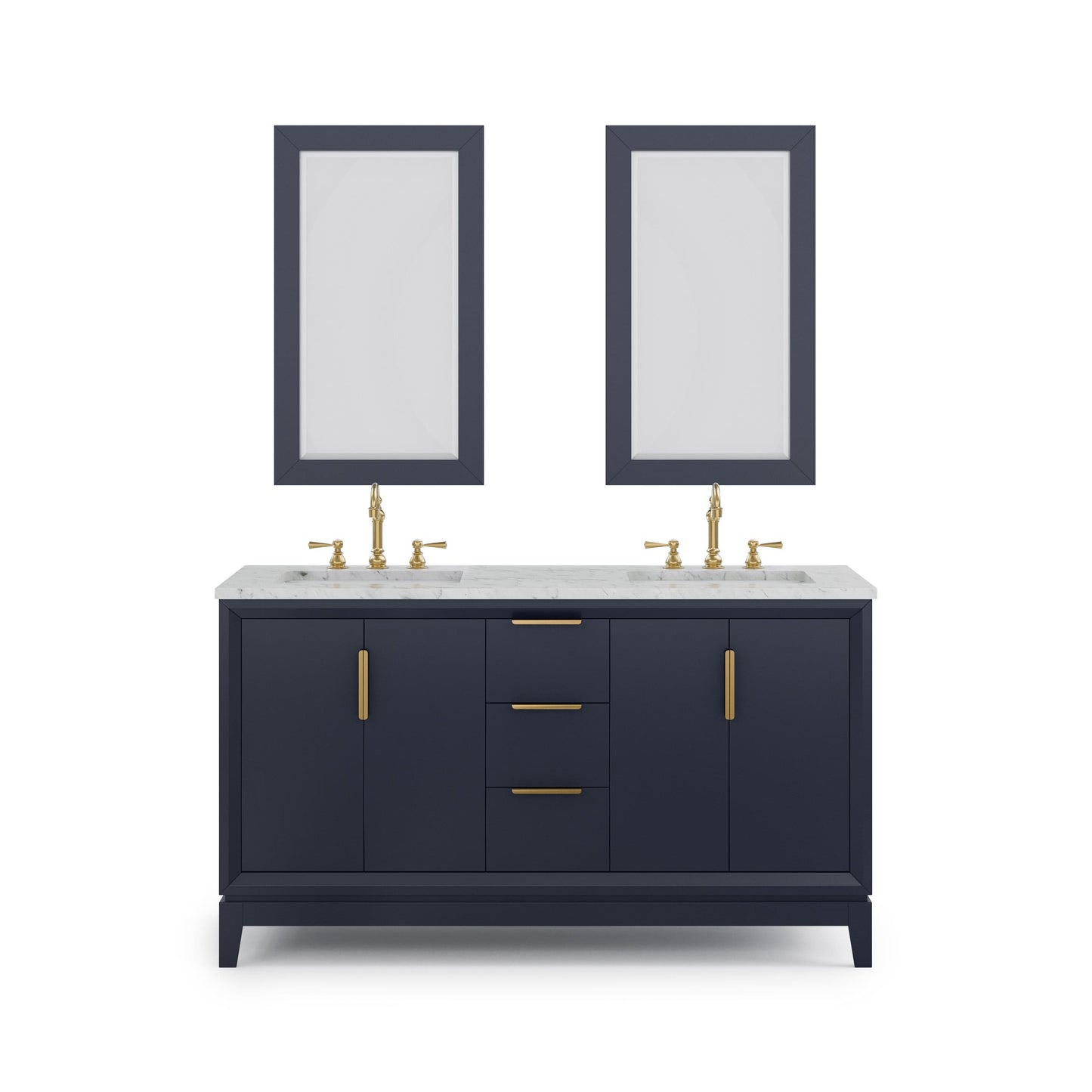 Water Creation EL60CW06MB-R21TL1206 ELIZABETH 60"W x 34.25"H Monarch Blue Double-Sink Vanity with Carrara White Marble Countertop + Faucets & Mirror (F2-0012-06-TL)