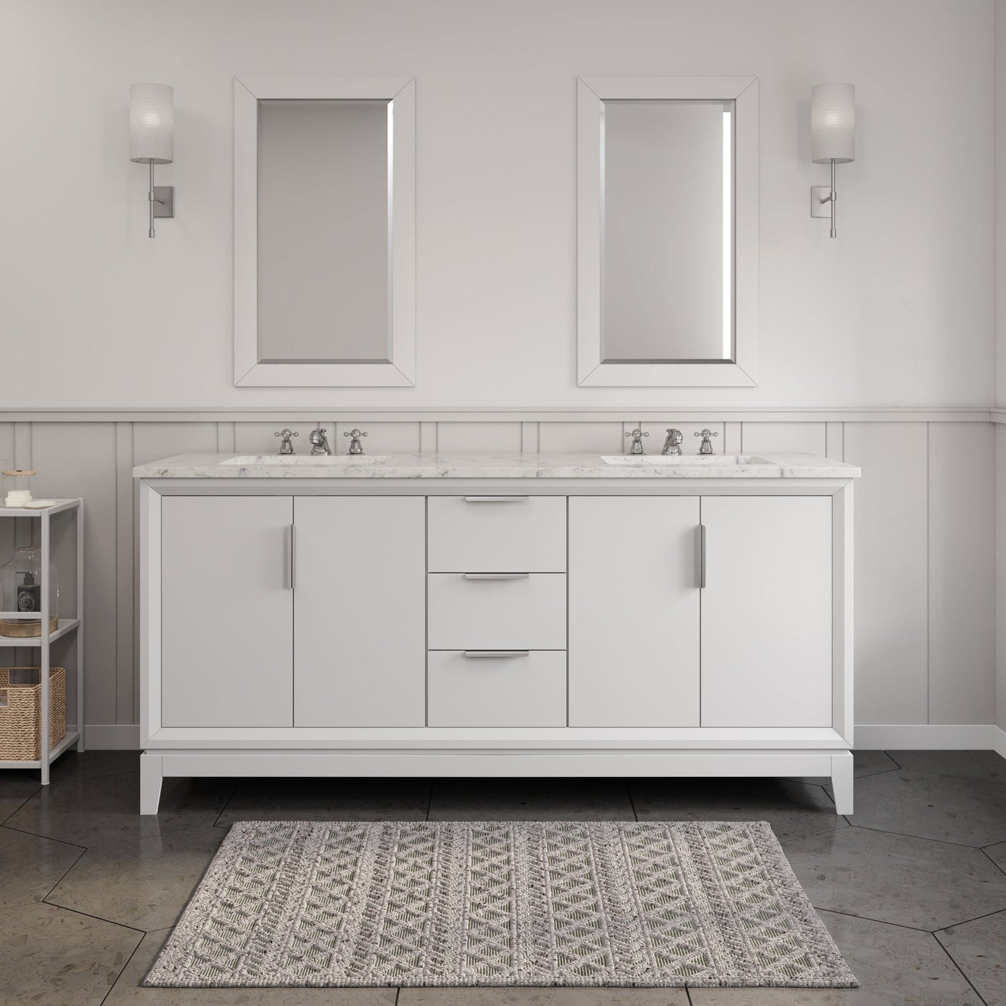 Water Creation EL72CW01PW-000BX0901 ELIZABETH 72"W x 34.25"H Pure White Double-Sink Vanity with Carrara White Marble Countertop + Faucets (F2-0009-01-BX)