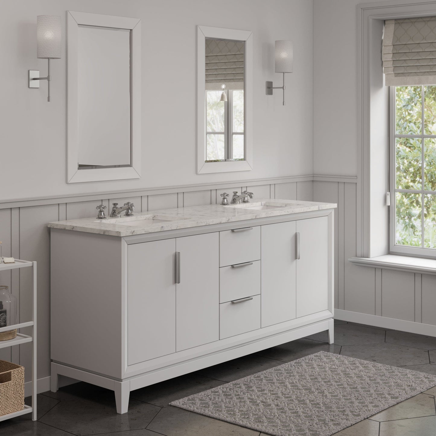 Water Creation EL72CW01PW-000BX0901 ELIZABETH 72"W x 34.25"H Pure White Double-Sink Vanity with Carrara White Marble Countertop + Faucets (F2-0009-01-BX)