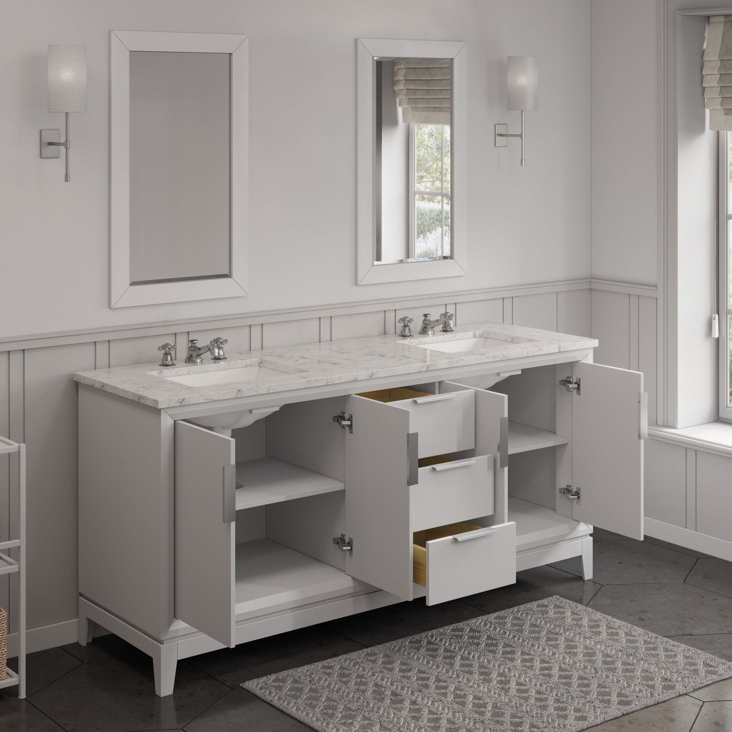 Water Creation EL72CW01PW-000BX0901 ELIZABETH 72"W x 34.25"H Pure White Double-Sink Vanity with Carrara White Marble Countertop + Faucets (F2-0009-01-BX)