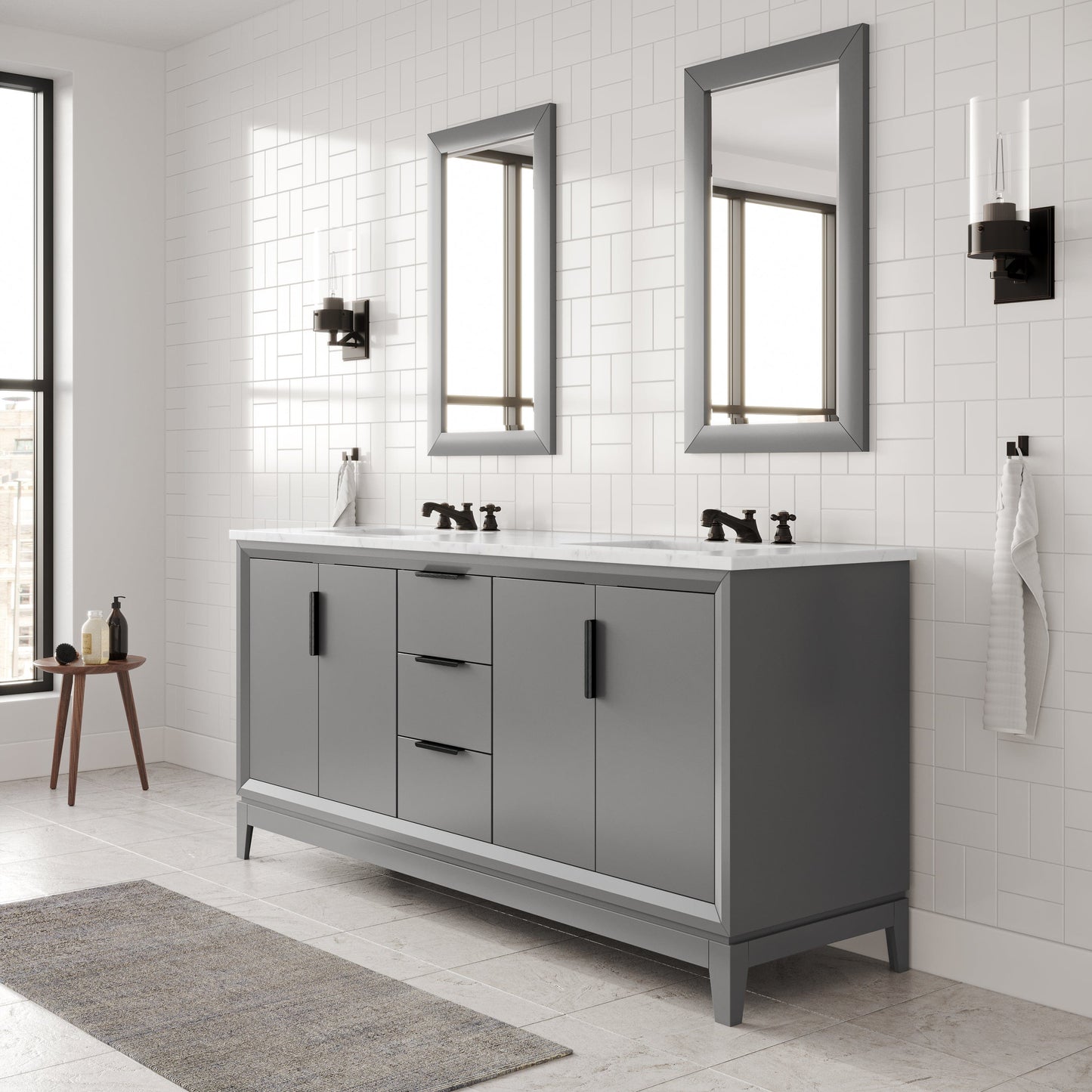 Water Creation EL72CW03CG-000BX0903 ELIZABETH 72"W x 34.25"H Cashmere Gray Double-Sink Vanity with Carrara White Marble Countertop + Faucets (F2-0009-03-BX)