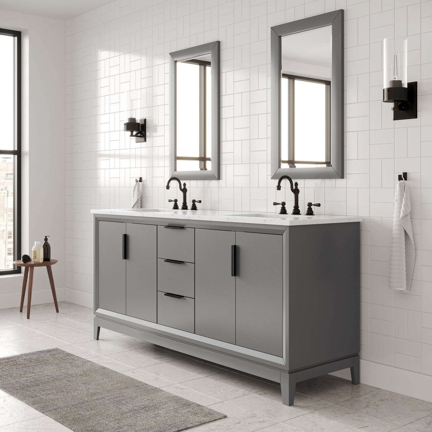 Water Creation EL72CW03CG-R21TL1203 ELIZABETH 72"W x 34.25"H Cashmere Gray Double-Sink Vanity with Carrara White Marble Countertop + Faucets & Mirror (F2-0012-03-TL)