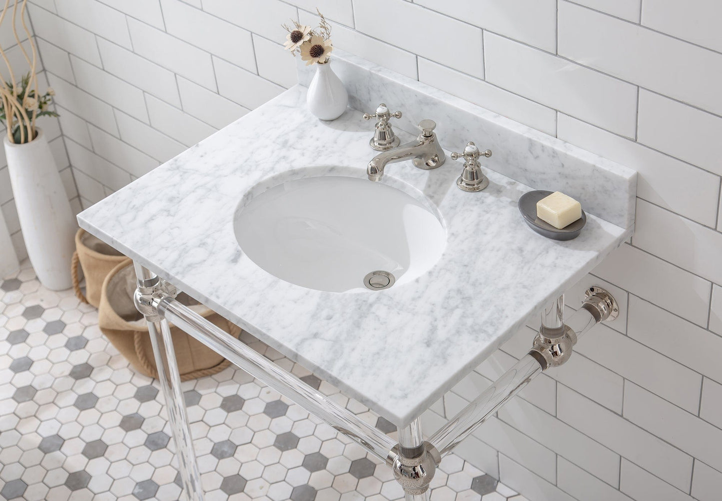 Water Creation EP30E-0509 EMPIRE 30"W x 34"H Single Washstand , P-Trap, Countertop with Sink, F2-0009 Faucet and Mirror included, in Polished Nickel Finish