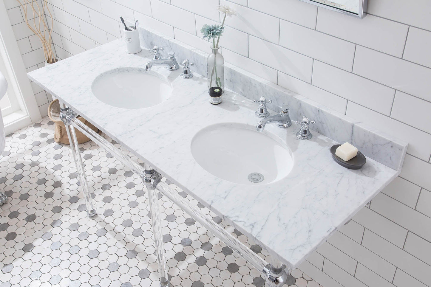 Water Creation EP60D-0109 EMPIRE 60"W x 34"H Double Washstand , P-Trap, Countertop with Sink, and F2-0009 Faucet included, in Chrome Finish