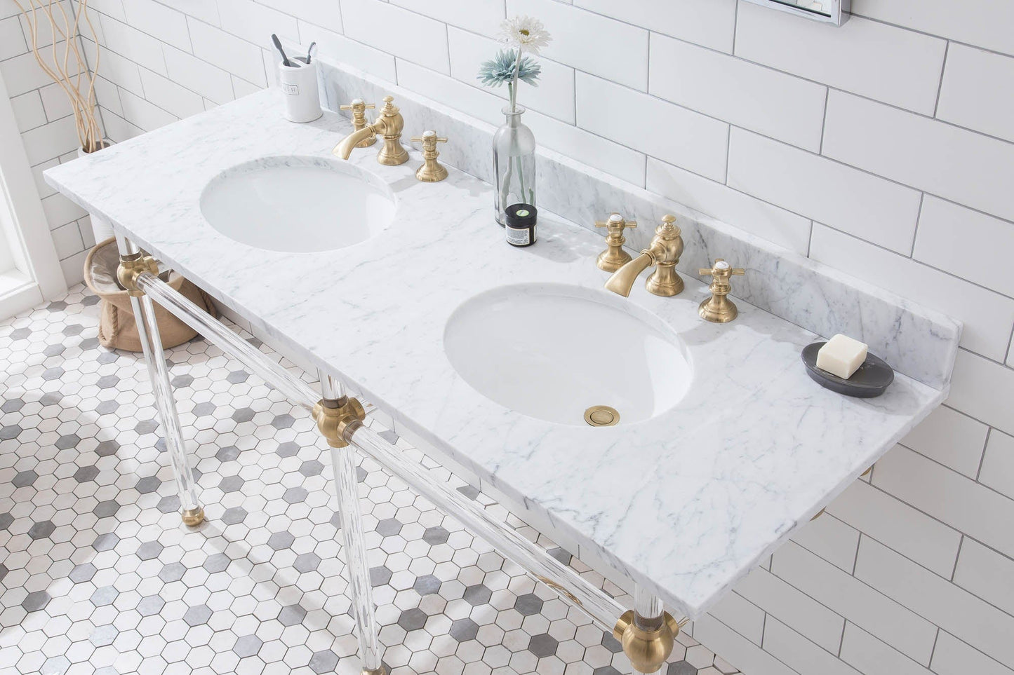 Water Creation EP60D-0613 EMPIRE 60"W x 34"H Double Washstand , P-Trap, Countertop with Sink, and F2-0013 Faucet included, in Satin Gold Finish