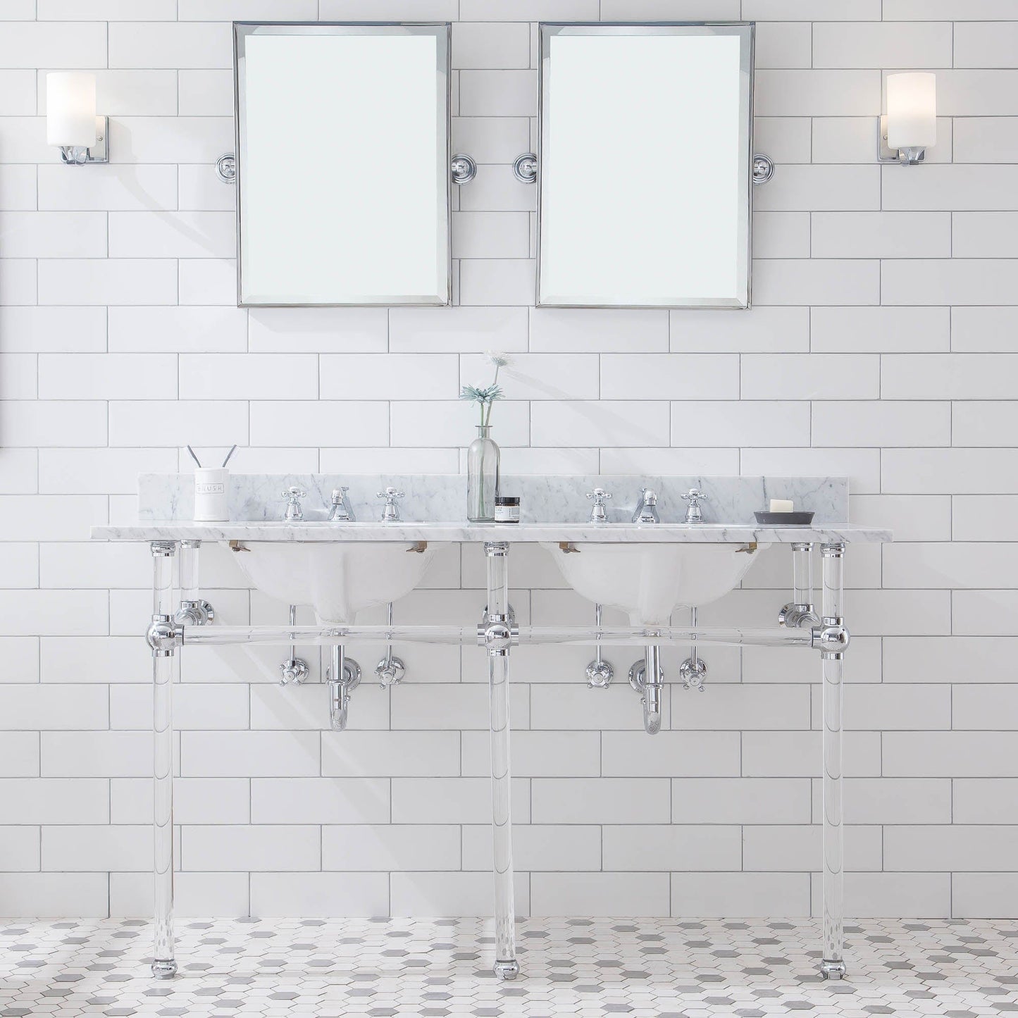 Water Creation EP60E-0109 EMPIRE 60"W x 34"H Double Washstand , P-Trap, Countertop with Sink, F2-0009 Faucet and Mirror included, in Chrome Finish