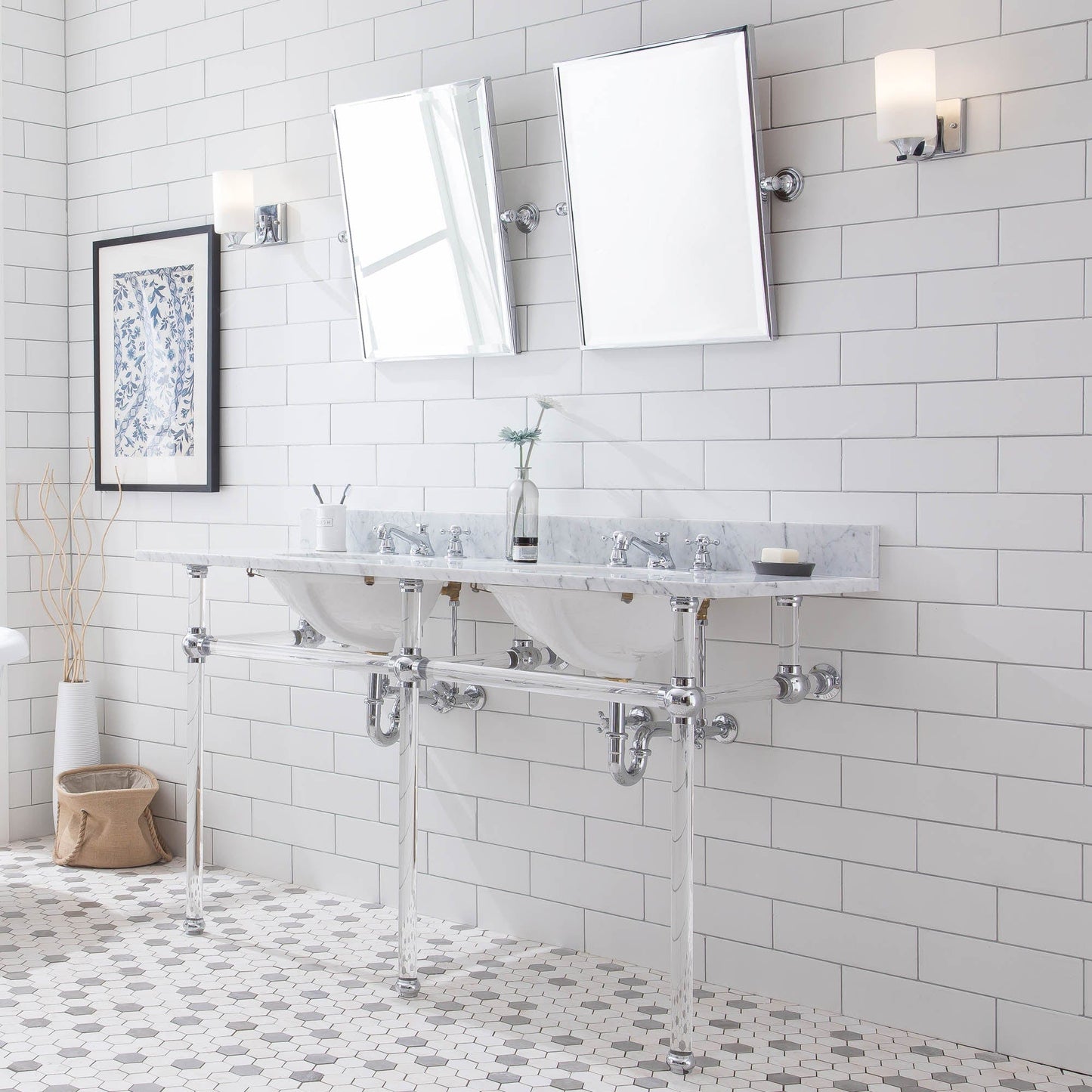 Water Creation EP60E-0109 EMPIRE 60"W x 34"H Double Washstand , P-Trap, Countertop with Sink, F2-0009 Faucet and Mirror included, in Chrome Finish