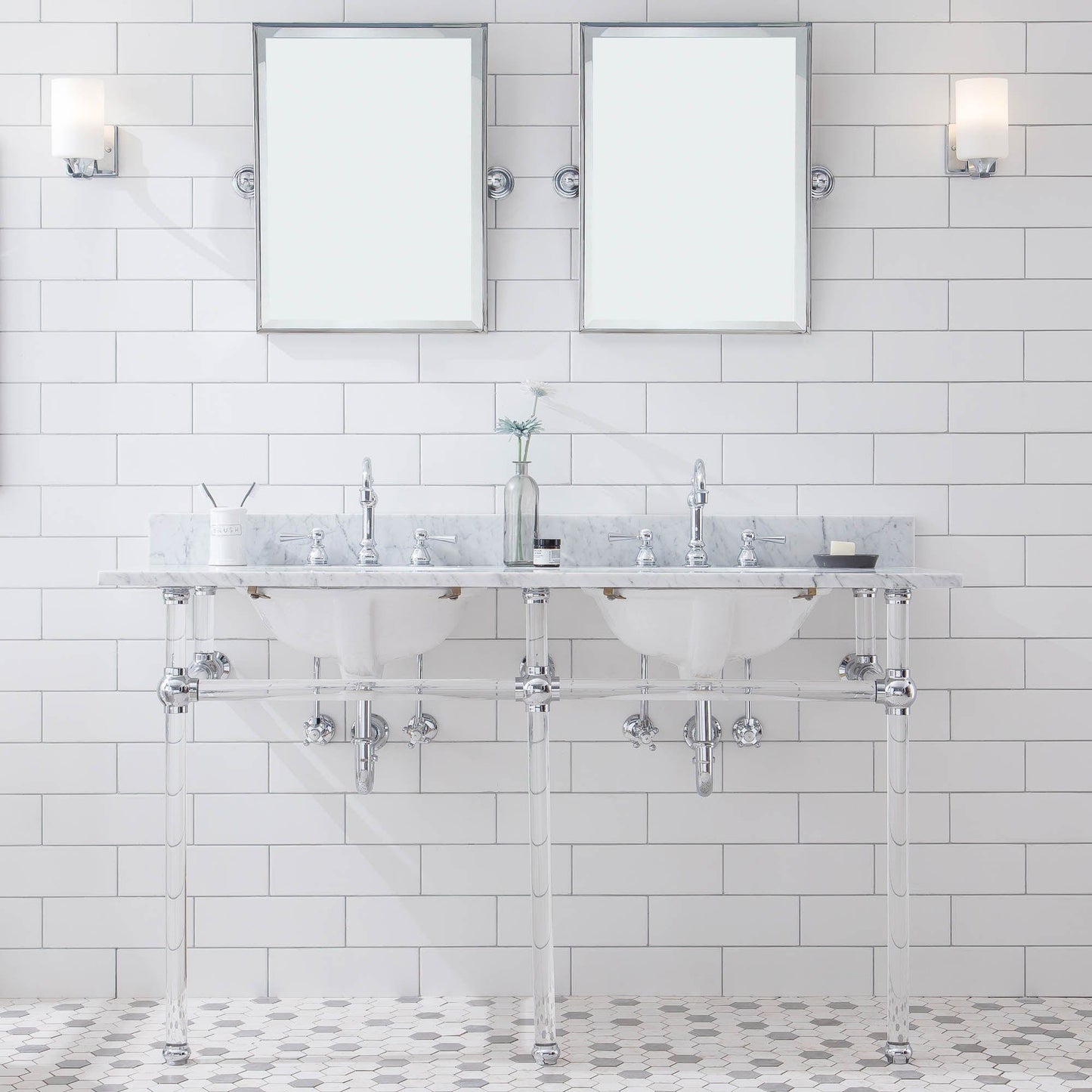 Water Creation EP60E-0112 EMPIRE 60"W x 34"H Double Washstand , P-Trap, Countertop with Sink, F2-0012 Faucet and Mirror included, in Chrome Finish