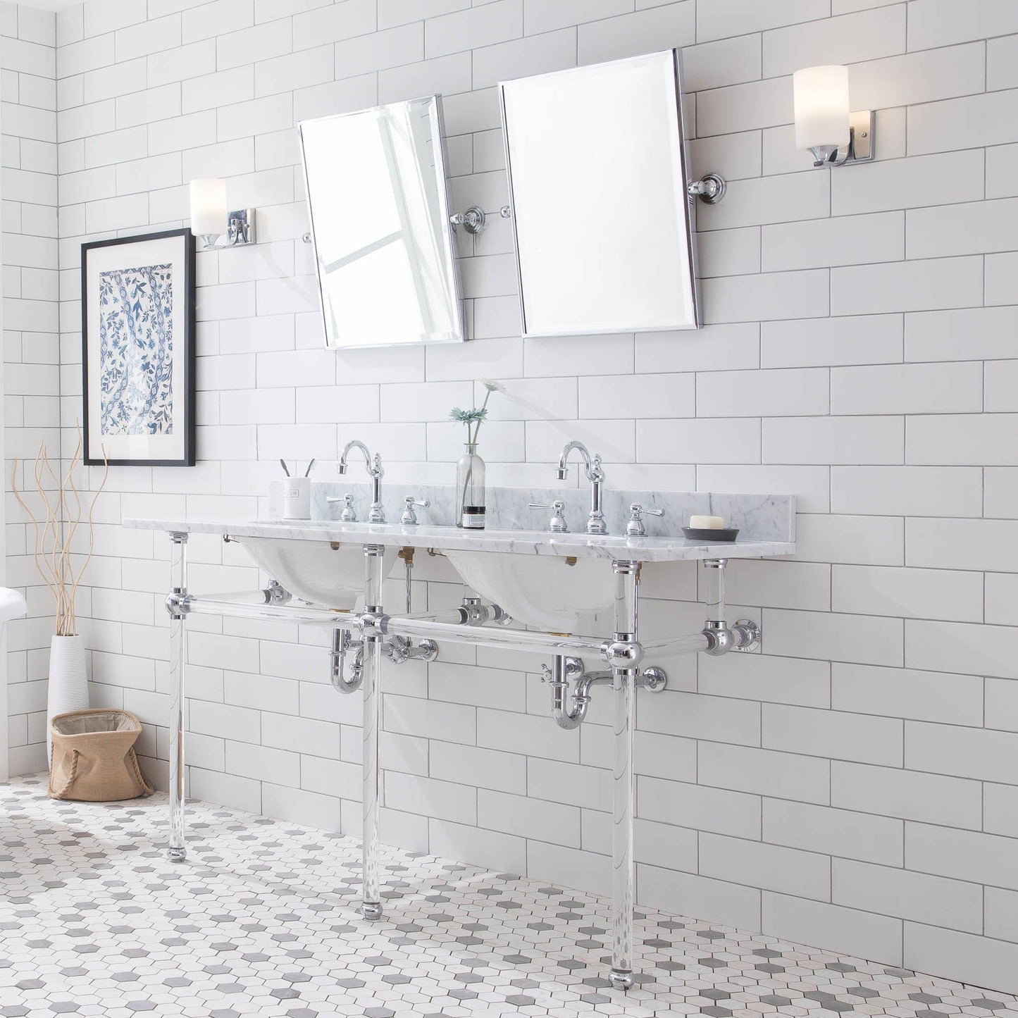 Water Creation EP60E-0112 EMPIRE 60"W x 34"H Double Washstand , P-Trap, Countertop with Sink, F2-0012 Faucet and Mirror included, in Chrome Finish