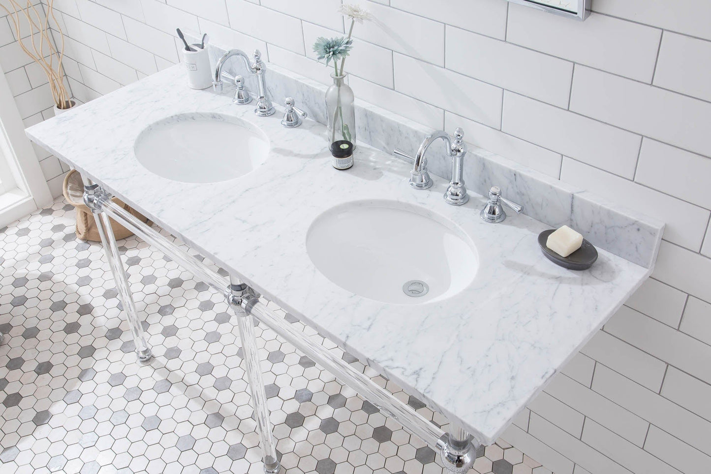 Water Creation EP60E-0112 EMPIRE 60"W x 34"H Double Washstand , P-Trap, Countertop with Sink, F2-0012 Faucet and Mirror included, in Chrome Finish