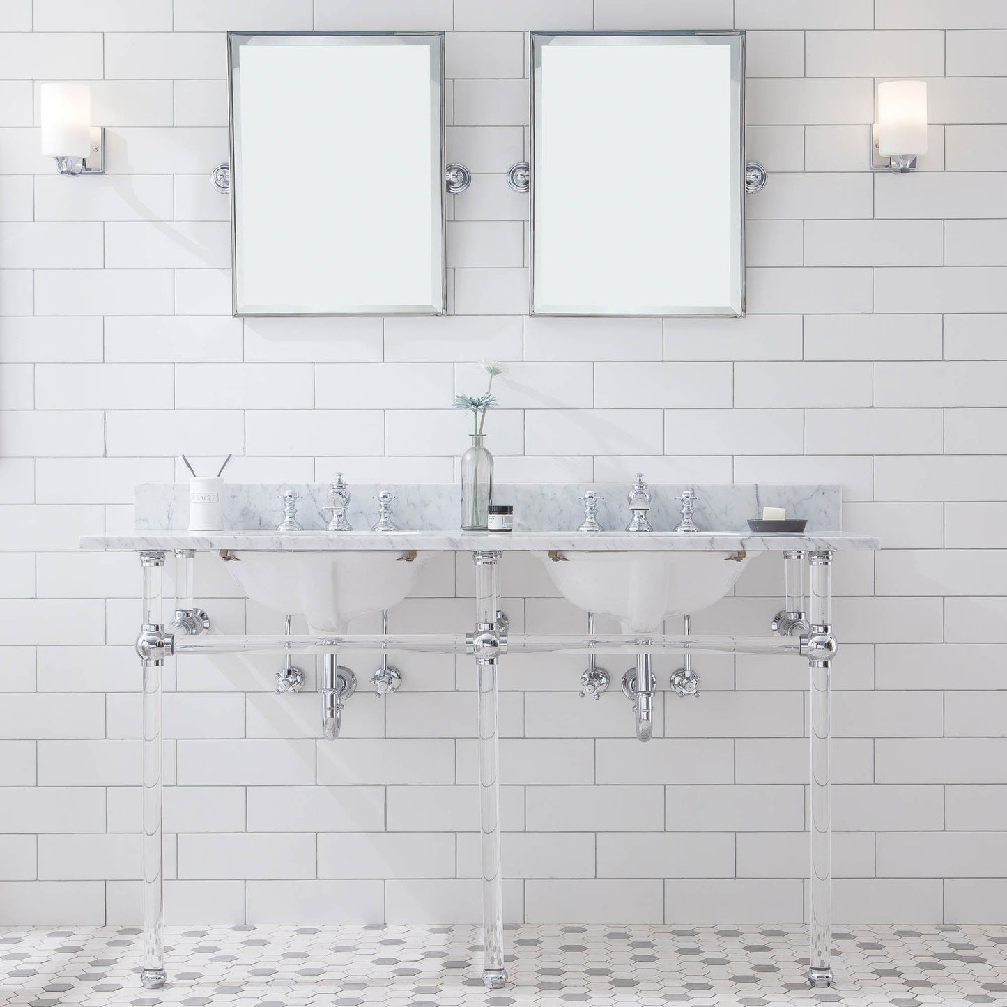 Water Creation EP60E-0113 EMPIRE 60"W x 34"H Double Washstand , P-Trap, Countertop with Sink, F2-0013 Faucet and Mirror included, in Chrome Finish