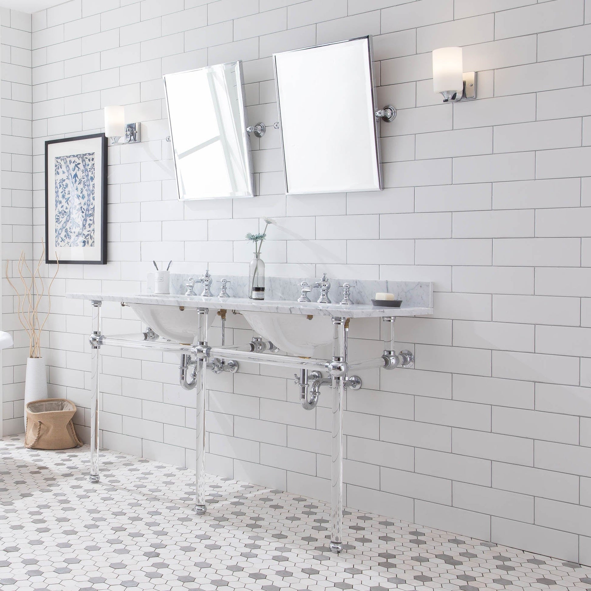 Water Creation EP60E-0113 EMPIRE 60"W x 34"H  Double Washstand , P-Trap, Countertop with Sink, F2-0013 Faucet and Mirror included, in Chrome Finish