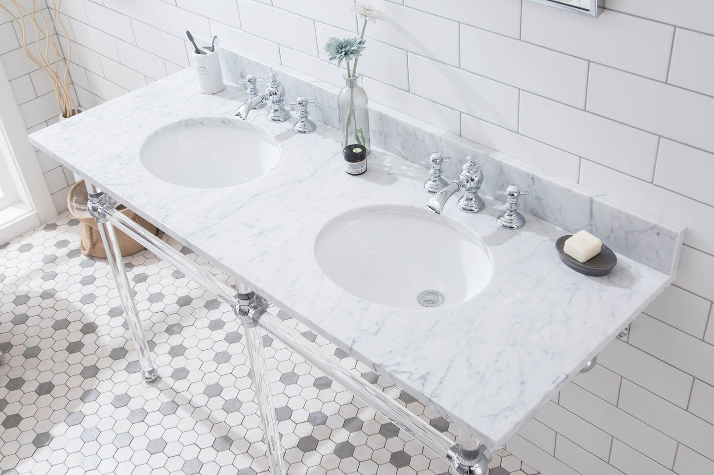 Water Creation EP60E-0113 EMPIRE 60"W x 34"H Double Washstand , P-Trap, Countertop with Sink, F2-0013 Faucet and Mirror included, in Chrome Finish