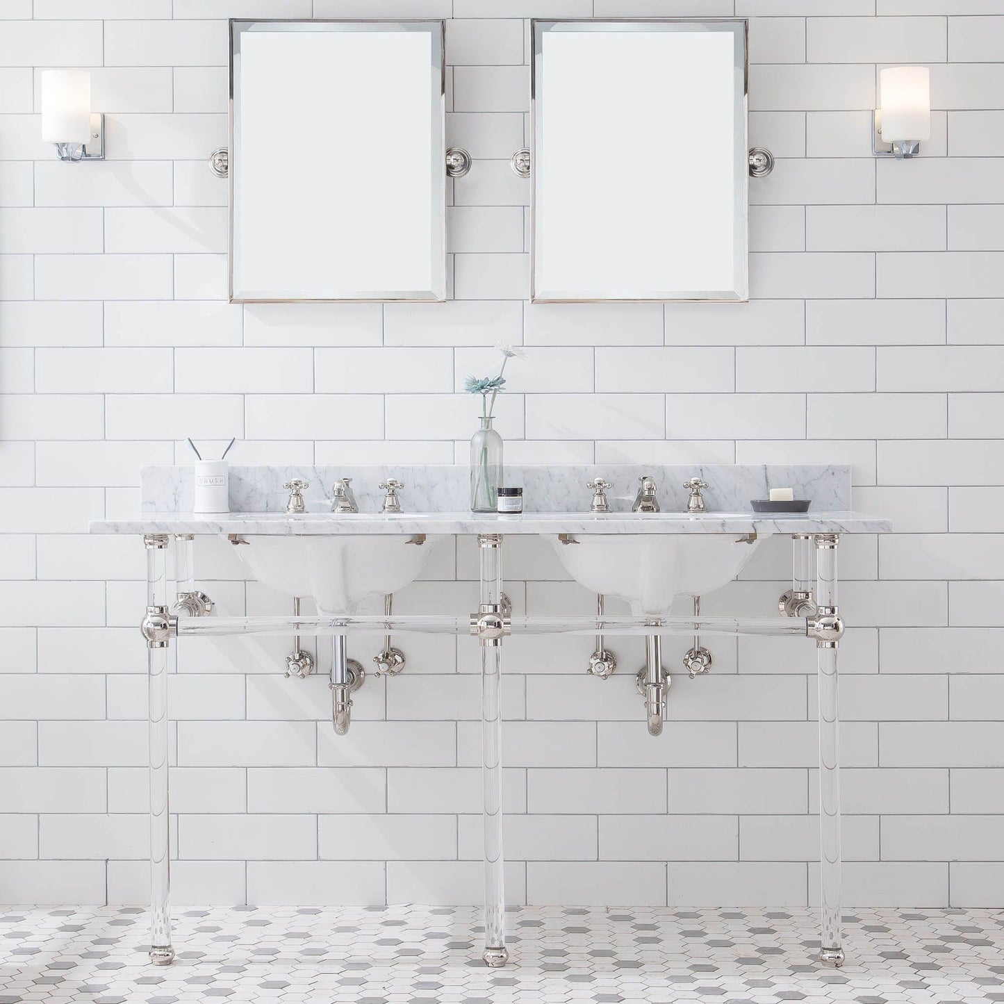 Water Creation EP60E-0509 EMPIRE 60"W x 34"H Double Washstand , P-Trap, Countertop with Sink, F2-0009 Faucet and Mirror included, in Polished Nickel Finish
