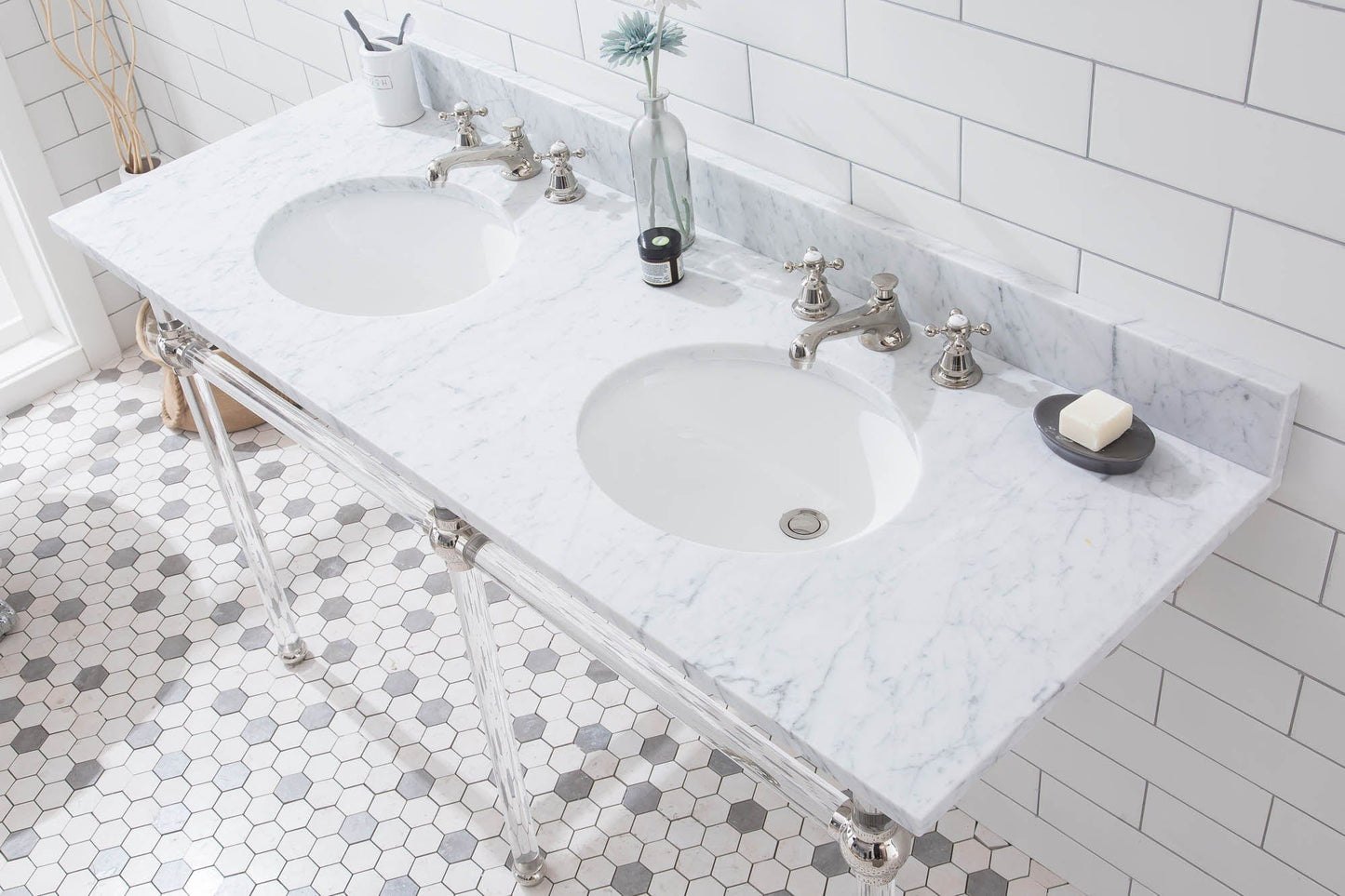 Water Creation EP60E-0509 EMPIRE 60"W x 34"H Double Washstand , P-Trap, Countertop with Sink, F2-0009 Faucet and Mirror included, in Polished Nickel Finish