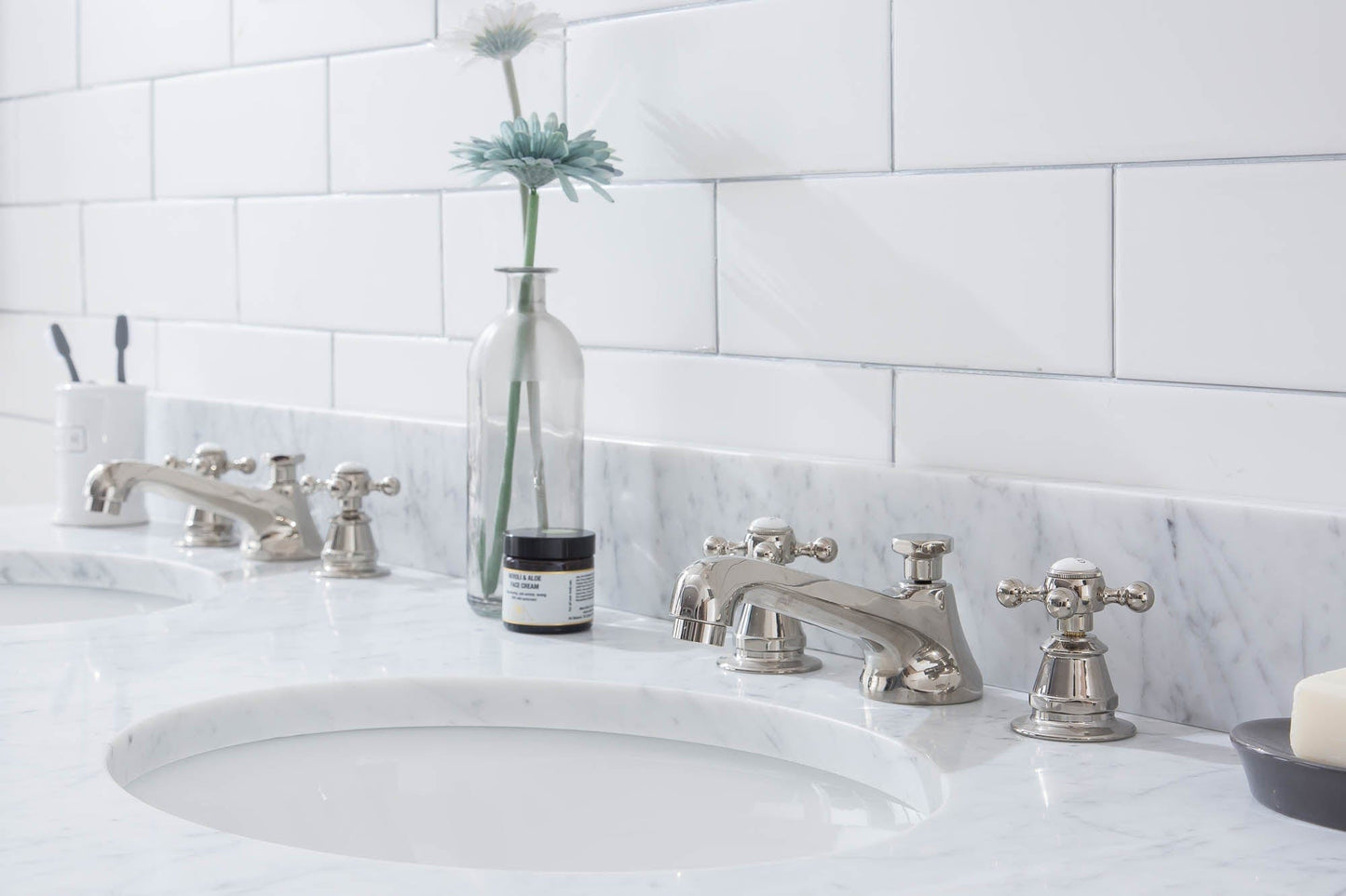 Water Creation EP60E-0509 EMPIRE 60"W x 34"H Double Washstand , P-Trap, Countertop with Sink, F2-0009 Faucet and Mirror included, in Polished Nickel Finish