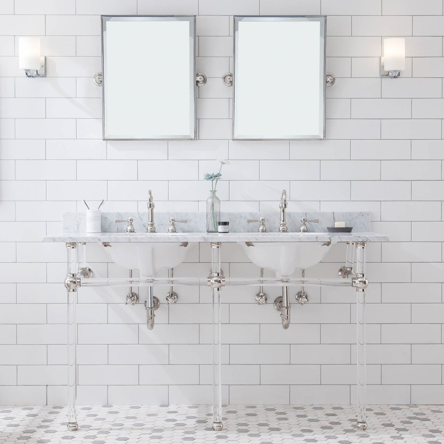 Water Creation EP60E-0512 EMPIRE 60"W x 34"H Double Washstand , P-Trap, Countertop with Sink, F2-0012 Faucet and Mirror included, in Polished Nickel Finish