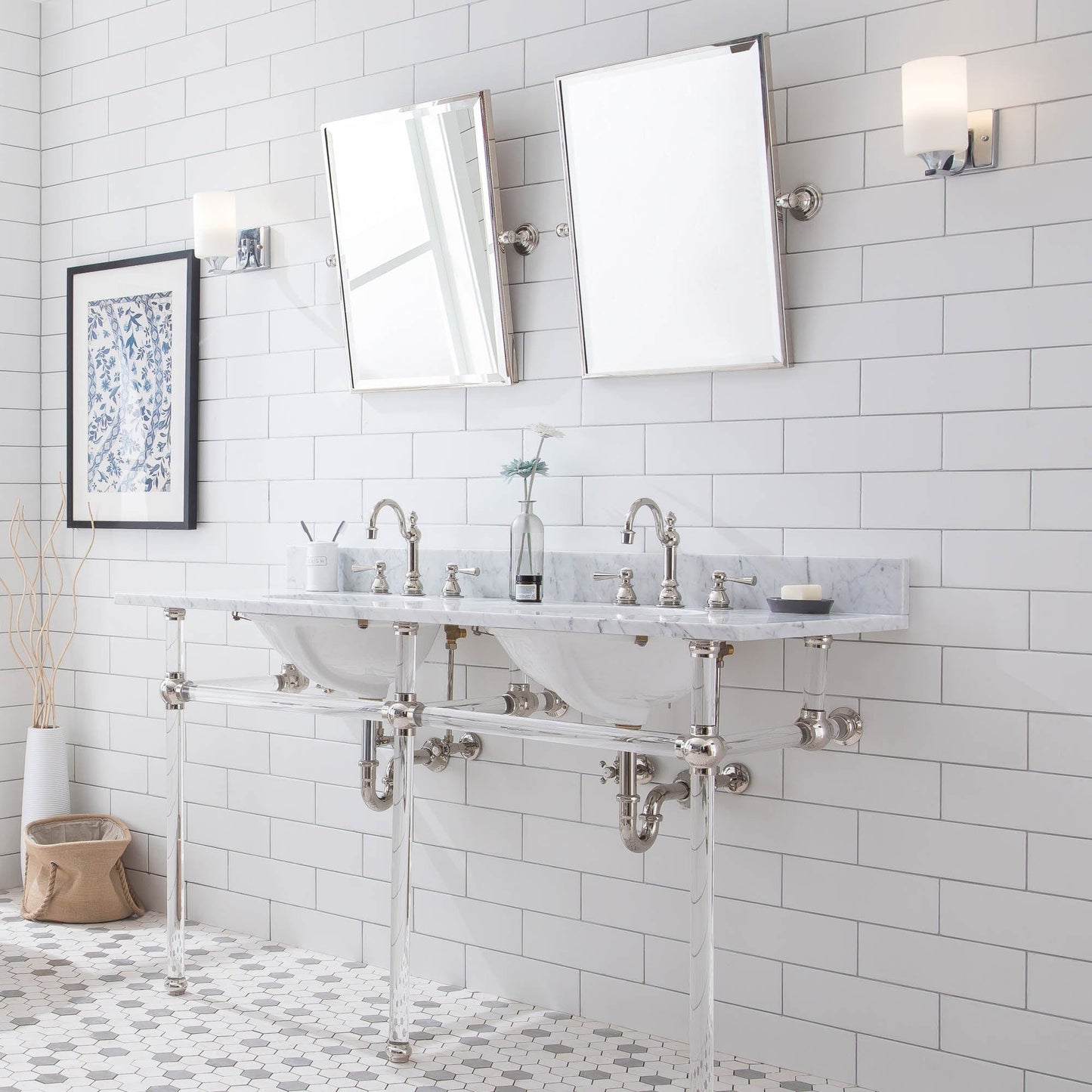 Water Creation EP60E-0512 EMPIRE 60"W x 34"H Double Washstand , P-Trap, Countertop with Sink, F2-0012 Faucet and Mirror included, in Polished Nickel Finish