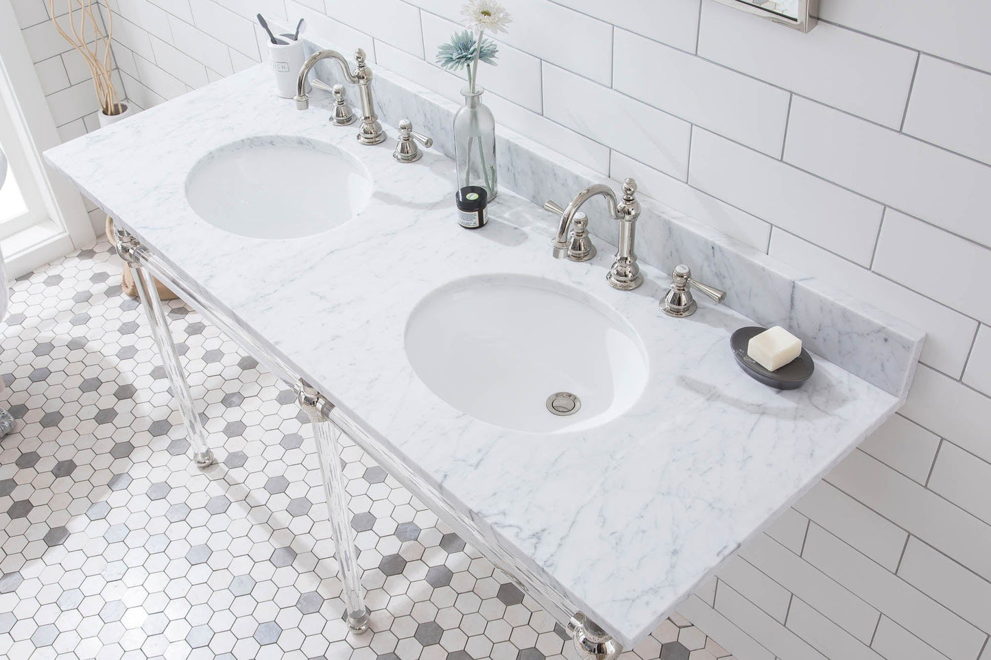 Water Creation EP60E-0512 EMPIRE 60"W x 34"H Double Washstand , P-Trap, Countertop with Sink, F2-0012 Faucet and Mirror included, in Polished Nickel Finish