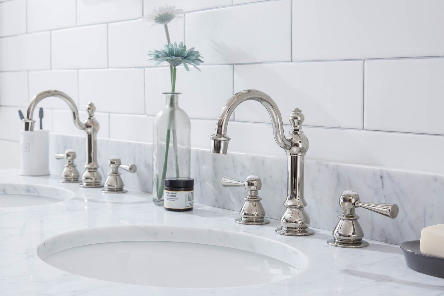 Water Creation EP60E-0512 EMPIRE 60"W x 34"H Double Washstand , P-Trap, Countertop with Sink, F2-0012 Faucet and Mirror included, in Polished Nickel Finish